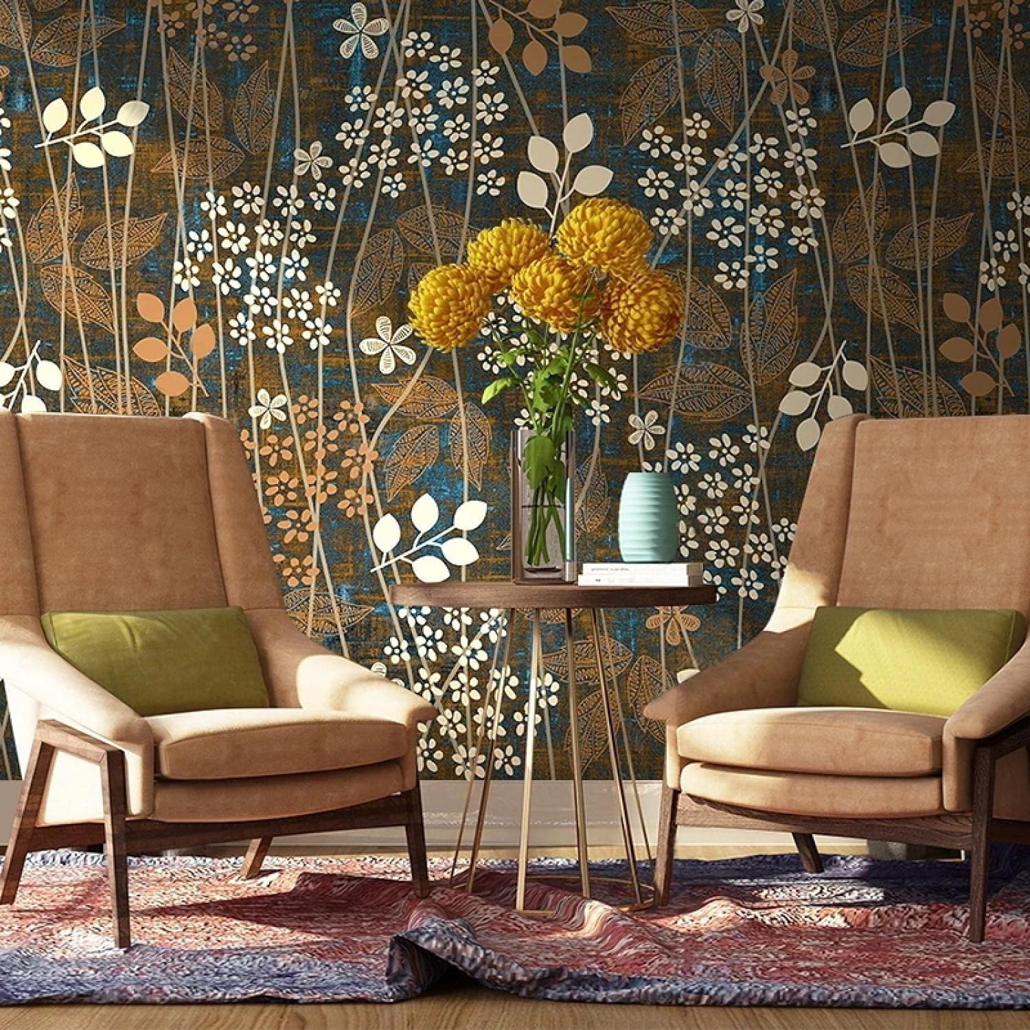 Papier peint mural 3D plantes et fleurs en tissu pour salon et bureau