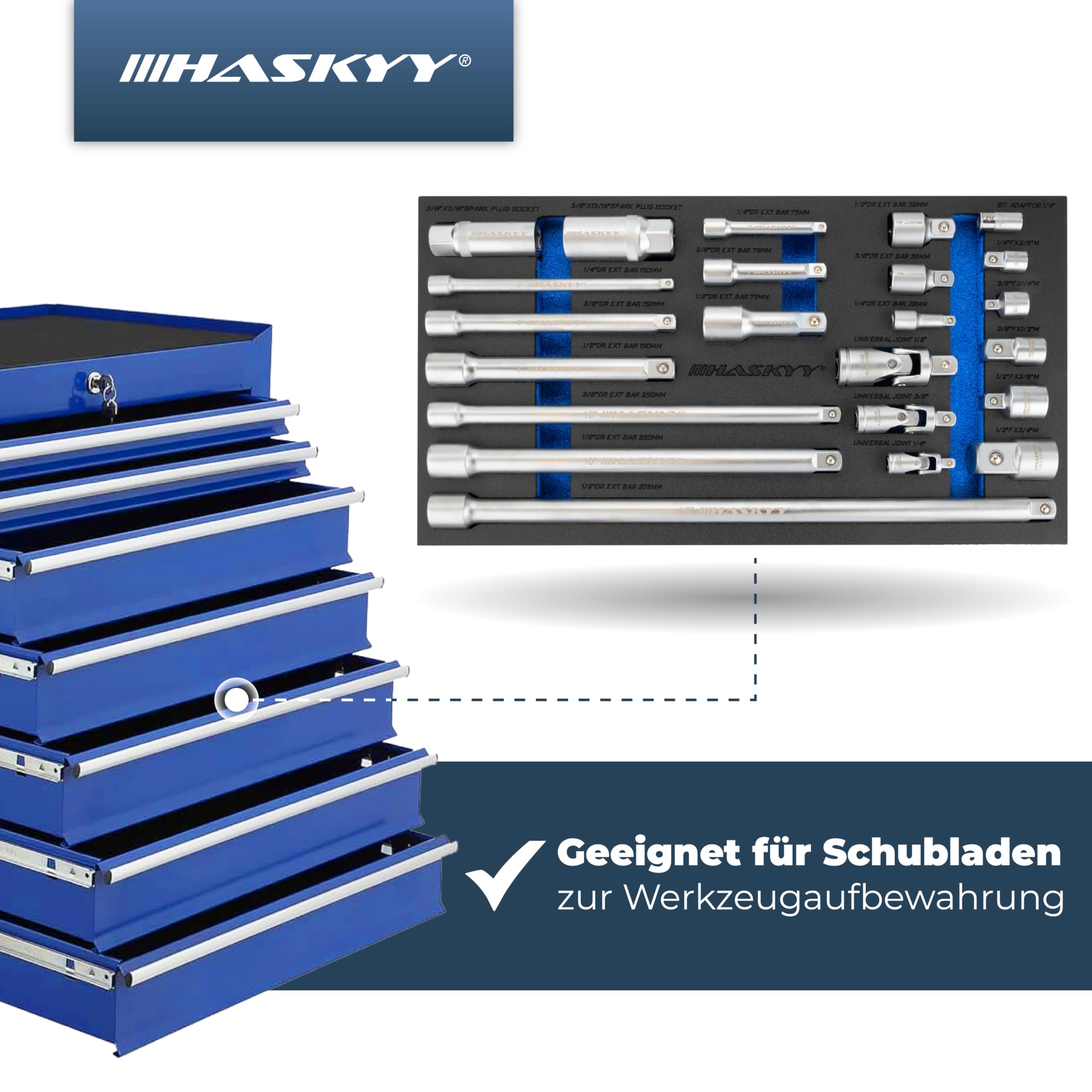 HASKYY Steckschlüssel Stecknuss Verlängerung Satz 1/4 3/8 1/2 Zoll Ratsche Knarren Verlängerung Adapter Kardangelenk Zündkerzen Nuss Set Verbindungsteile für KFZ & Industrie