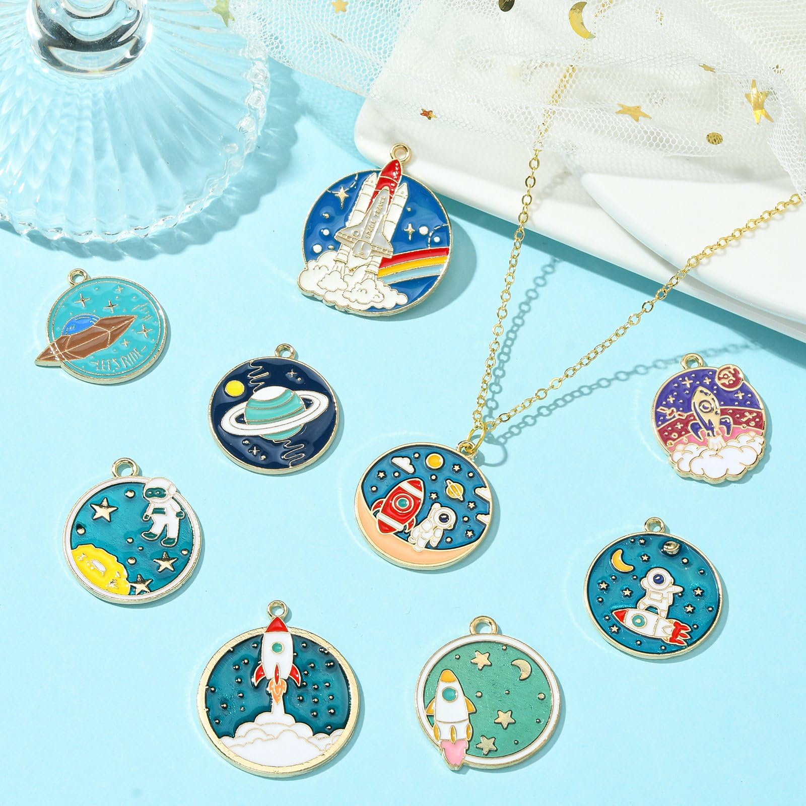 Stiesy 40Pcs 10 Styles Enamel Space Charms Astronaut Spacecraft Pendant Charm Universe Planet Rocket Dangle Charms for Jewellery Making DIY Bracelet Crafting - Image 4