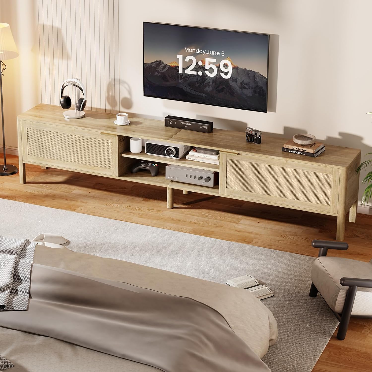 TV Stand for Living Room - Fits up to 80 Inch TVs, Rattan Media Console Table with Adjustable Shelves & 2 Storage Cabinets, Mid-Century Modern Entertainment Center, Oak 71" - Image 7