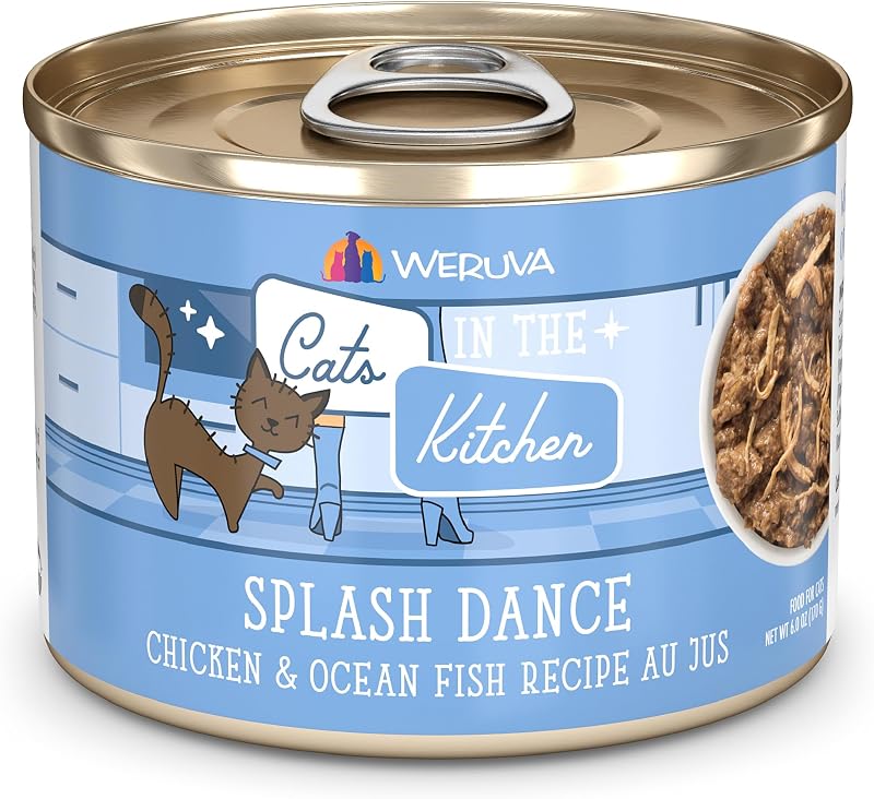 Ração úmida para gatos Weruva Cats in the Kitchen Splash Dance com frango e peixe do oceano ao molho Au Jus, pacote com 24 latas de 170 g