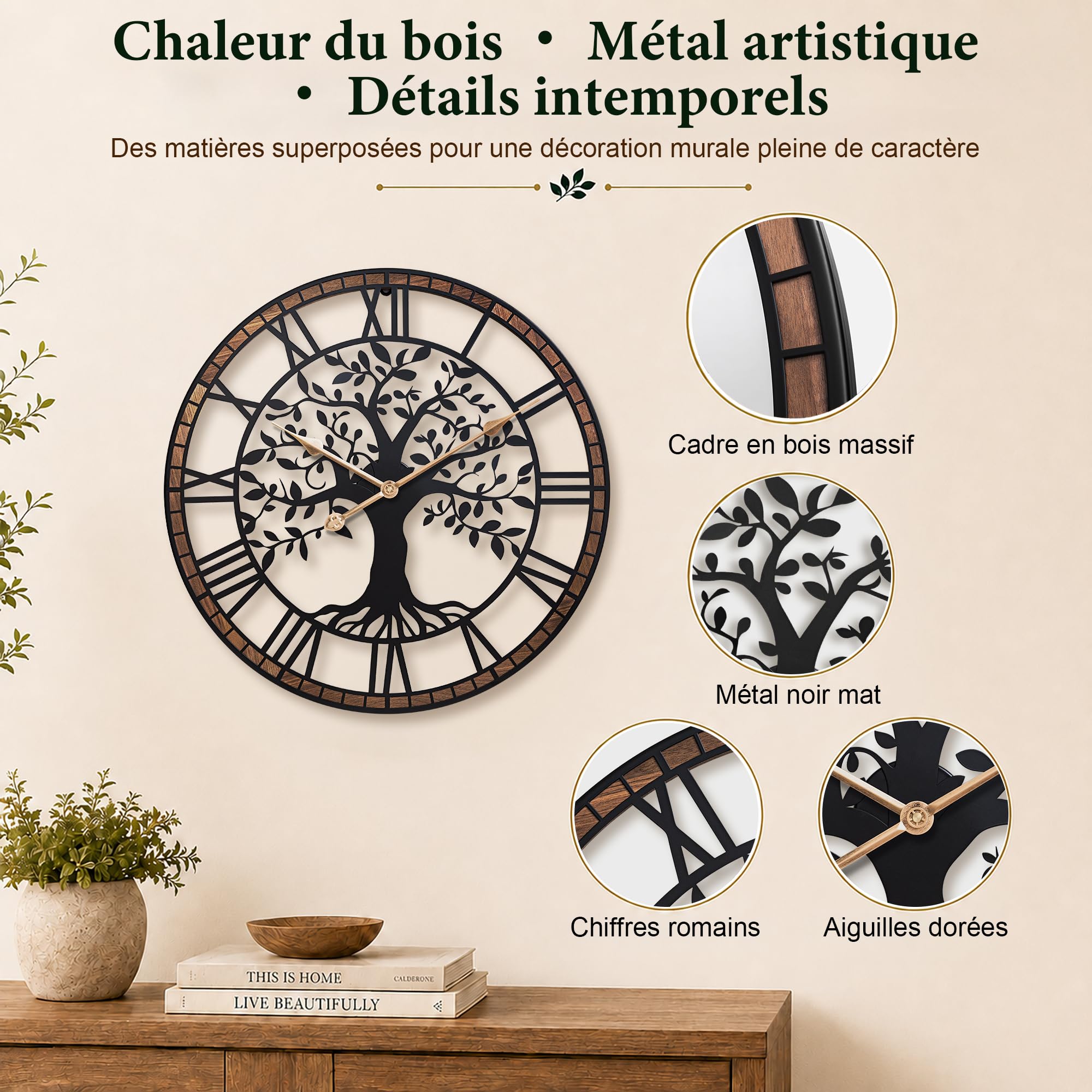 Horloge Murale Design Moderne 40 cm, Horloge Murale Arbre de Vie