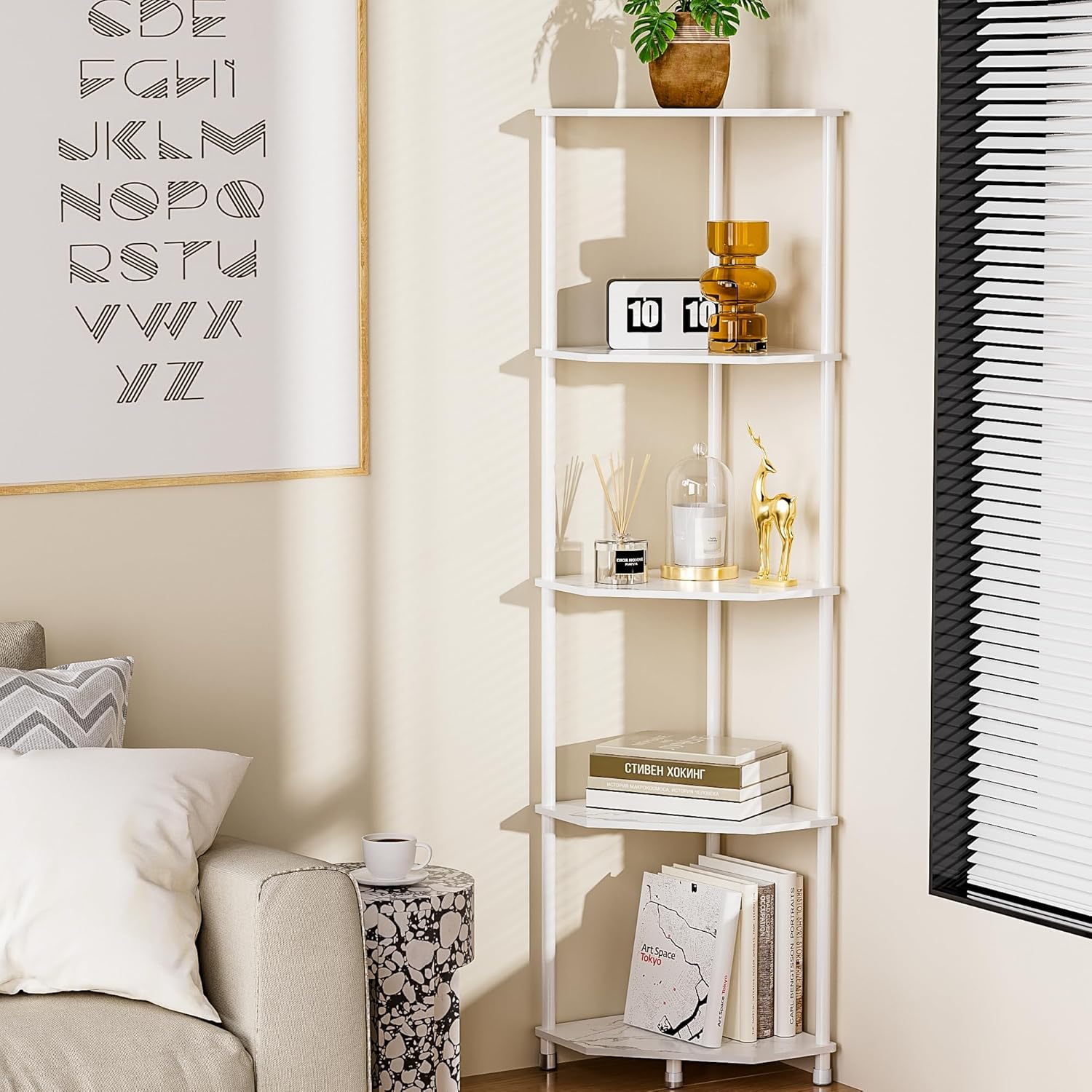 5-Tier Corner Shelf Stand Marble White 50.2" Bathroom and Kitchen Corner Shelves for Small Spaces Organization & Storage Kitchen Decor Accessories