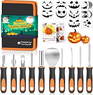 Shuttle Art 20 PCS Halloween Pumpkin Carving Kit, 10 PCS Professional Heavy Duty Stainless Steel Pumpkin Carving Tools with 10 Pumpkin Stencils and Carrying Case, Safe and Durable for Kids Adults