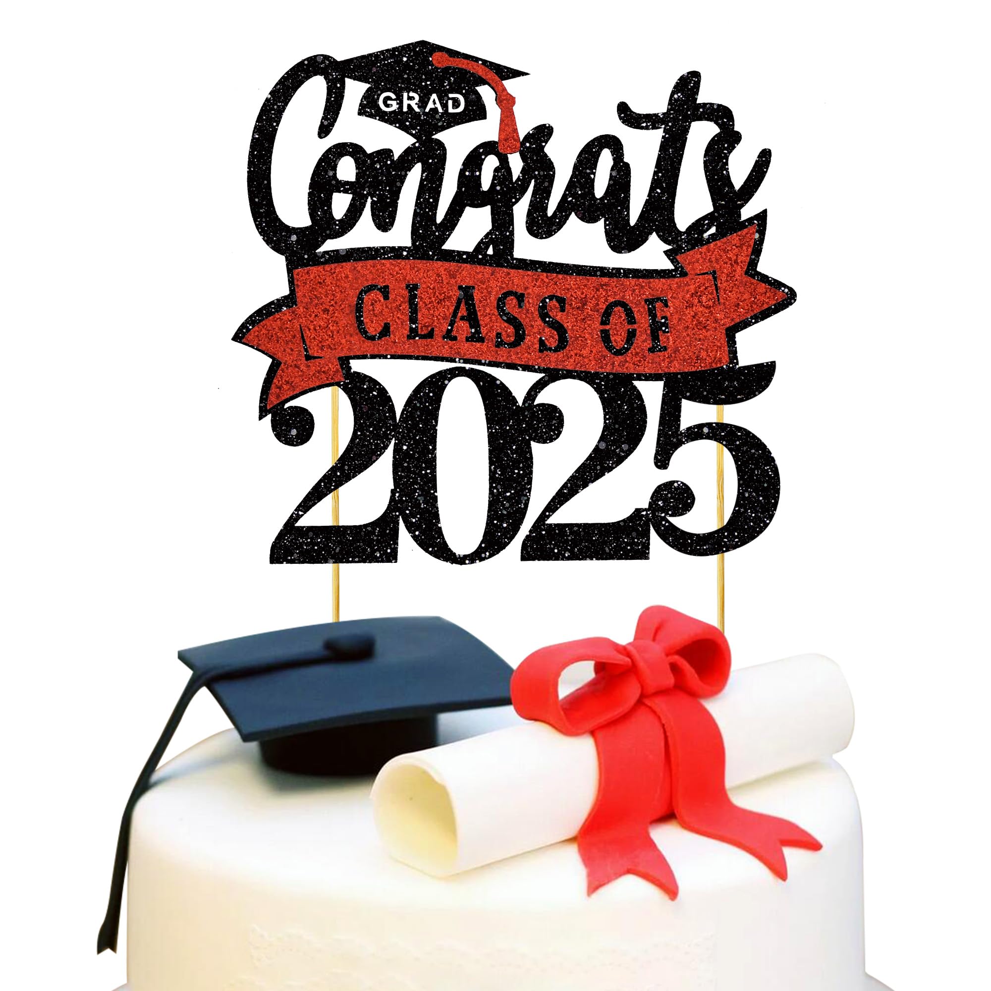 BEISHIDA Congrats Class of 2025 Cake Topper Black and Red Glitter Graduation Cake Decorations for High School/College/Senior Graduation Party Supplies