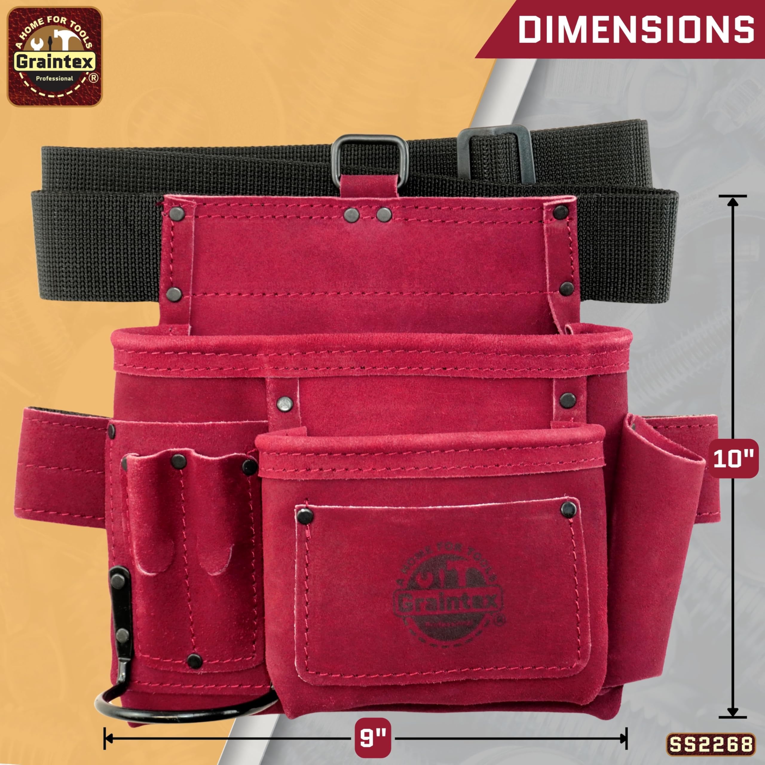 Graintex SS2268 - Bolsa de Herramientas y Clavos de 5 Bolsillos de Piel de Ante Burdeos con cinturón de cincha de 2 Pulgadas para constructores, electricistas, fontaneros, manitas