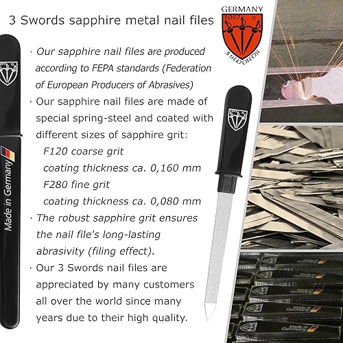 Miniatura 6 de 3 Swords Germany - Lima de uñas de doble cara (fina y gruesa) con bolsillo de metal zafiro (1 pieza), fabricada en Solingen Alemania