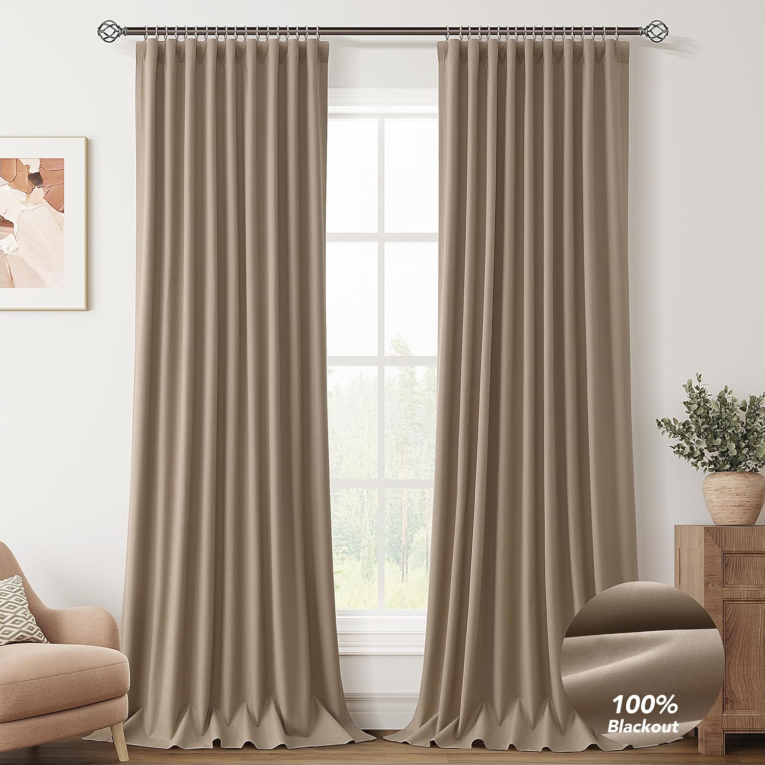 Tan Linen Blackout Curtains for Bedroom 96 Inch Length 2 Panels Set Back Tab Pocket Neutral Farmhouse Living Room Darkening Curtains Track System Thermal Insulated Black Out Drapes 52x96