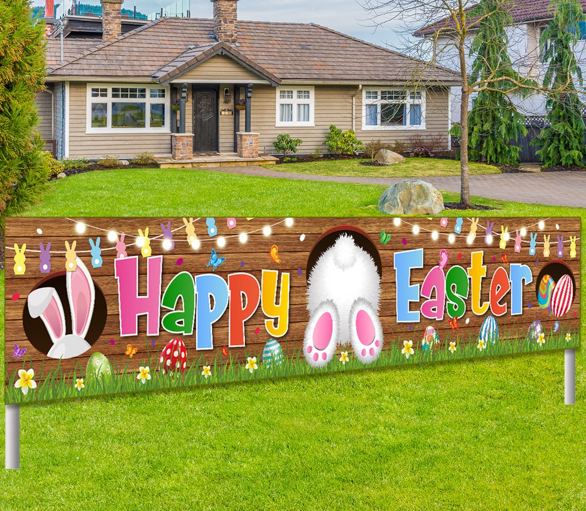 ABONDEVER Happy Easter Banner – Lila Osterdekoration Für Veranda & Tür, Mit Hasen & Ostereiern, Wasserdichtes Oxford-Tuch, Wetterfest Für Außen