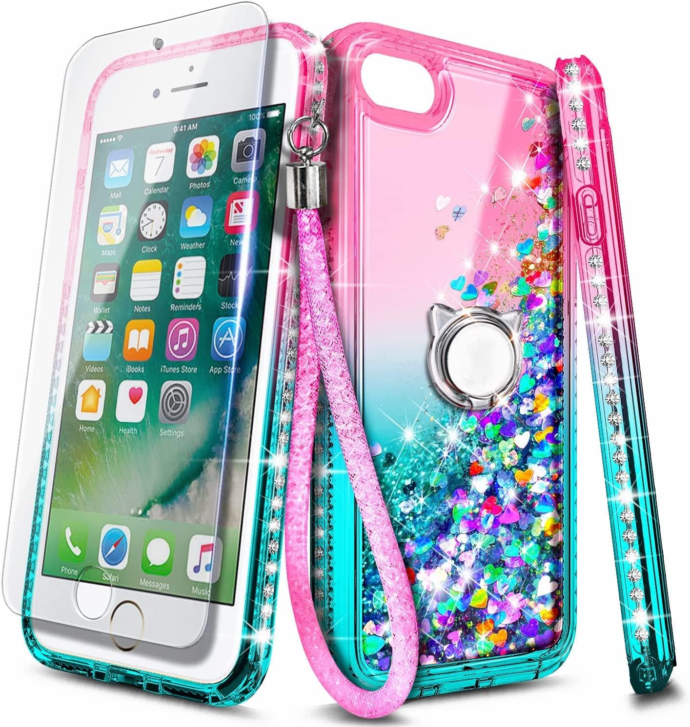 E-Began Case for iPhone 5/5s, iPhone SE (2016 Edition) with Tempered Glass Screen Protector, Ring Holder/Wrist Strap, Glitter Flowing Liquid Floating Women Girls Kids Cute Case (Pink/Aqua)