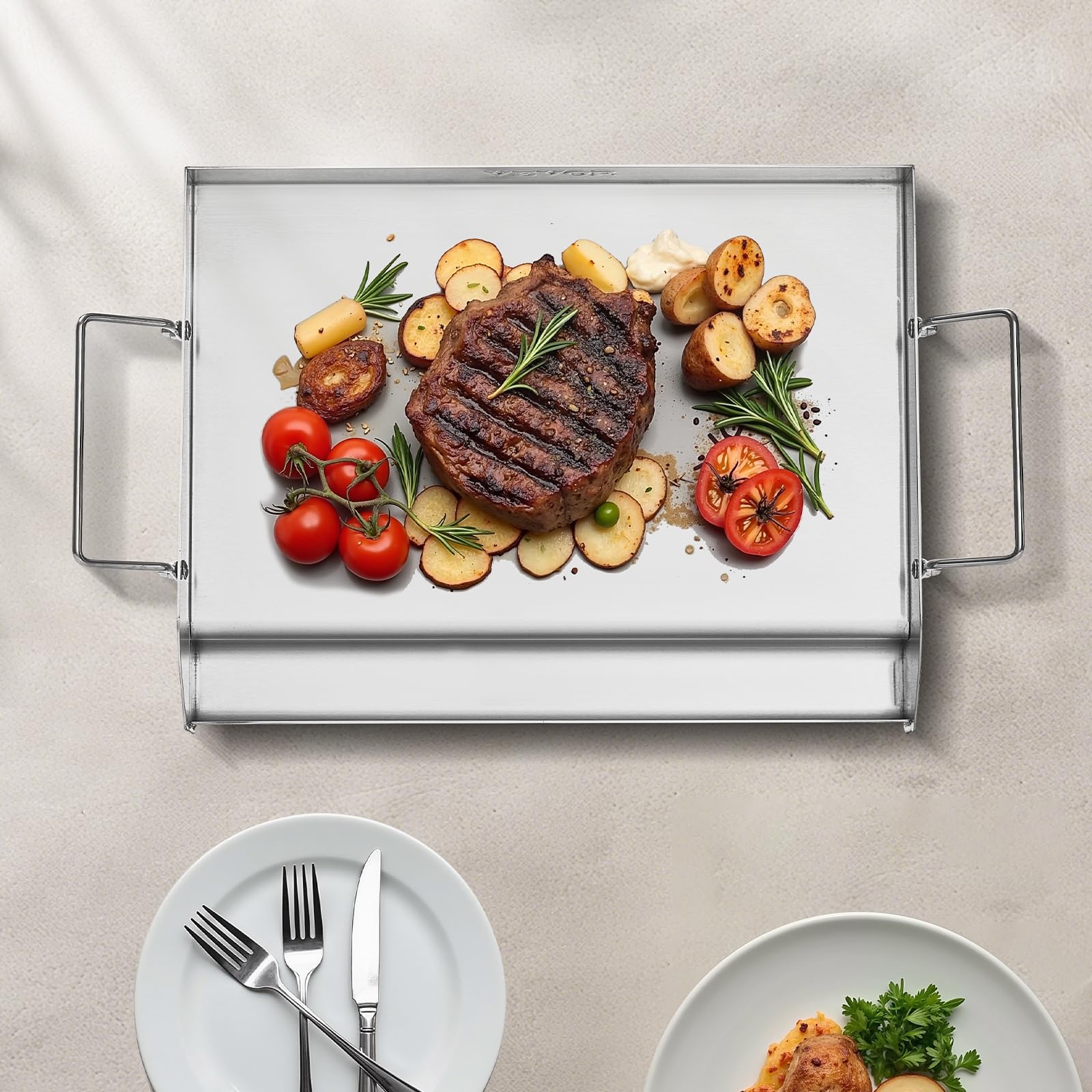 VEVOR Parrilla de Acero Inoxidable con Placa Rectangular Universal 425 x 270 mm con Superficie Plana, Plancha de Gas para Barbacoa, Utensilios de Cocina Portátiles con Asa, Color Acero Original