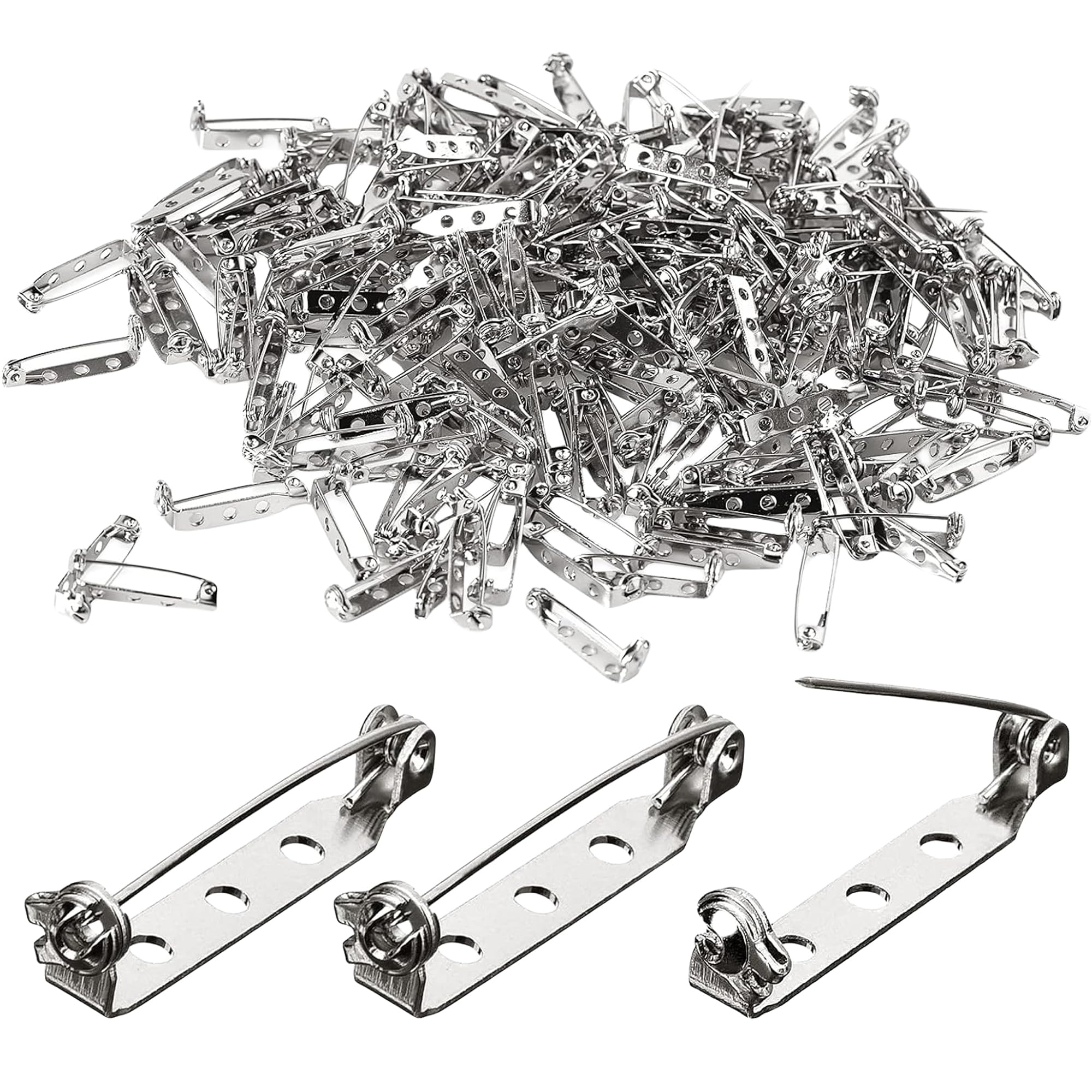 200 PCS Flat Bar Pins, 1 Inch, Brooch & Safety Pin Backs with 3 Holes, Silver Bar Pin Backs for DIY Crafts, Jewelry Making, Badge, Insignia & Backpacks