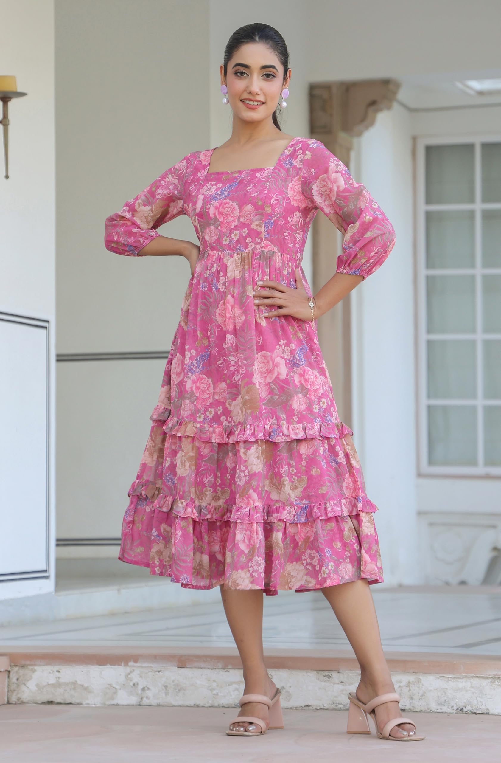 Janasya Robe à volants en georgette à motif floral lavande Dobby pour femme