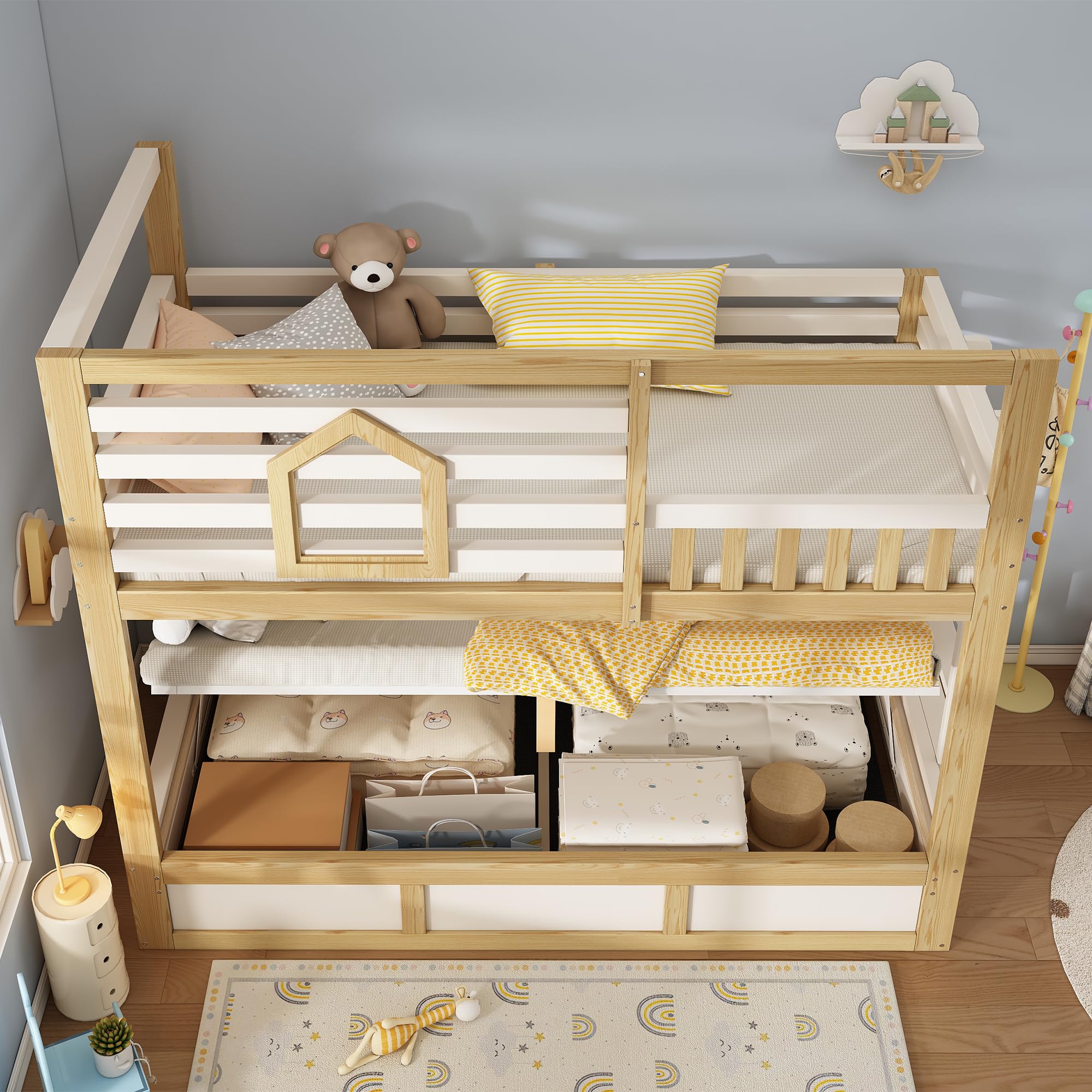 Mrwoo Cama Infantil 90x200 cm con Almacenamiento Hidráulico, Cama Alta con Ventanas y Estilo Rústico, Escalera Recta, 2 Superficies de Descanso, Roble+Blanco-A(Sin Colchón)