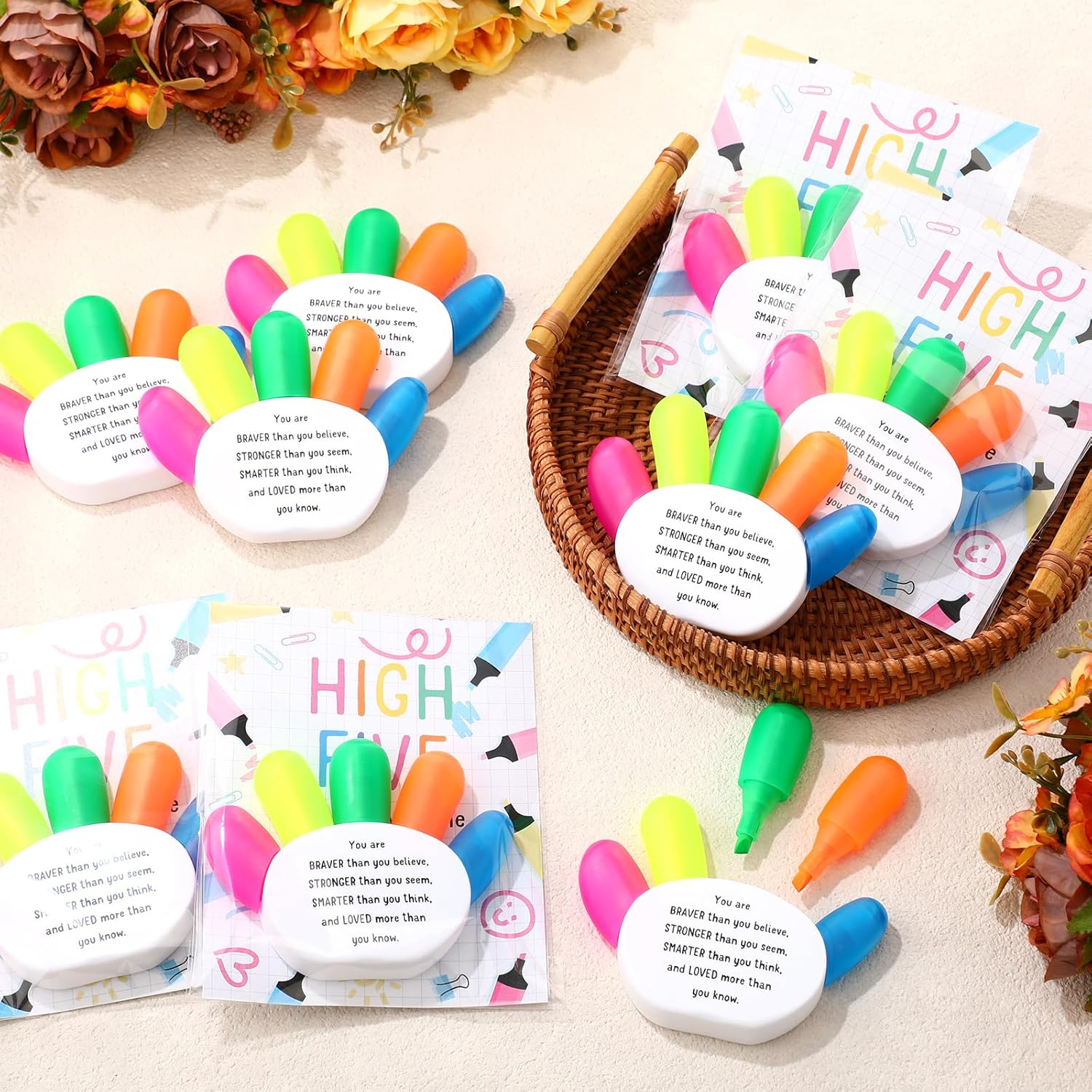 AmazingSpark 24 Sets Hand Finger Highlighters with Motivational Cards Bags 5 in 1 Fluorescent Pens Affirmation Awards