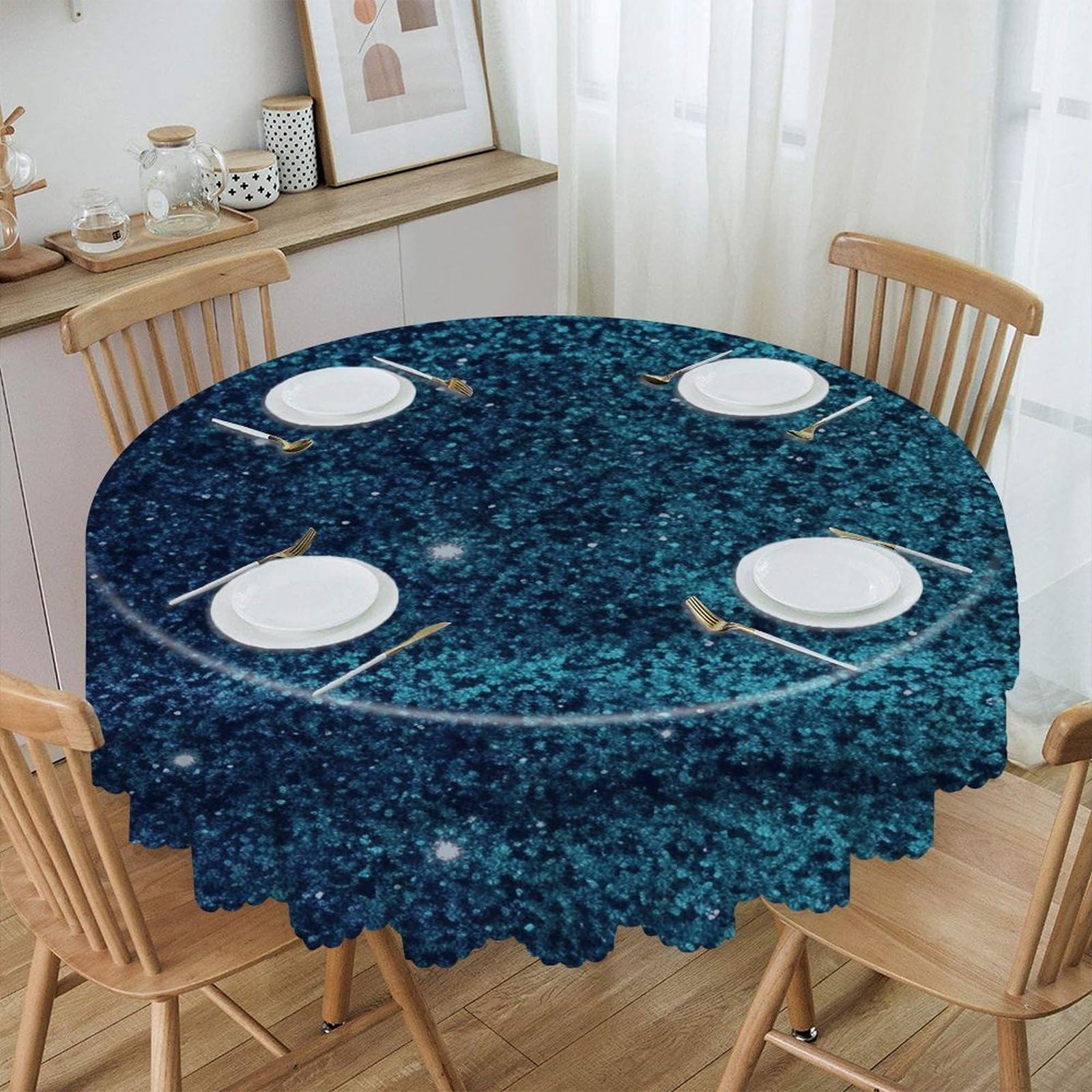 VstaDank Teal Glitter Round Tablecloth 60 Inch Easy to Clean Circle Table Cover Thick Decorative Round Polyester Table Cloth for Dining Kitchen Party Farmhouse Outdoor