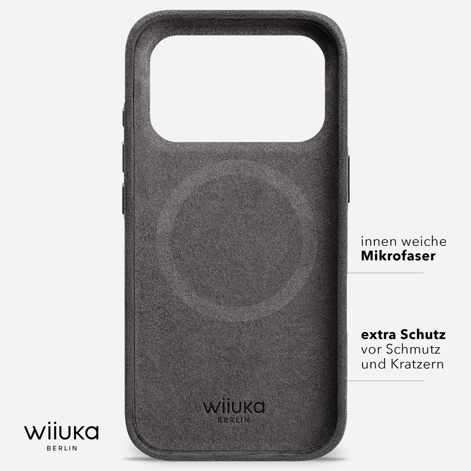 WIIUKA Funda para iPhone 17 Pro Max, original de Alcantara, hecha a mano, protección de 360°, extrafina, de primera calidad, funda para teléfono móvil Qi, alternativa de piel, skiin VL Alcantara