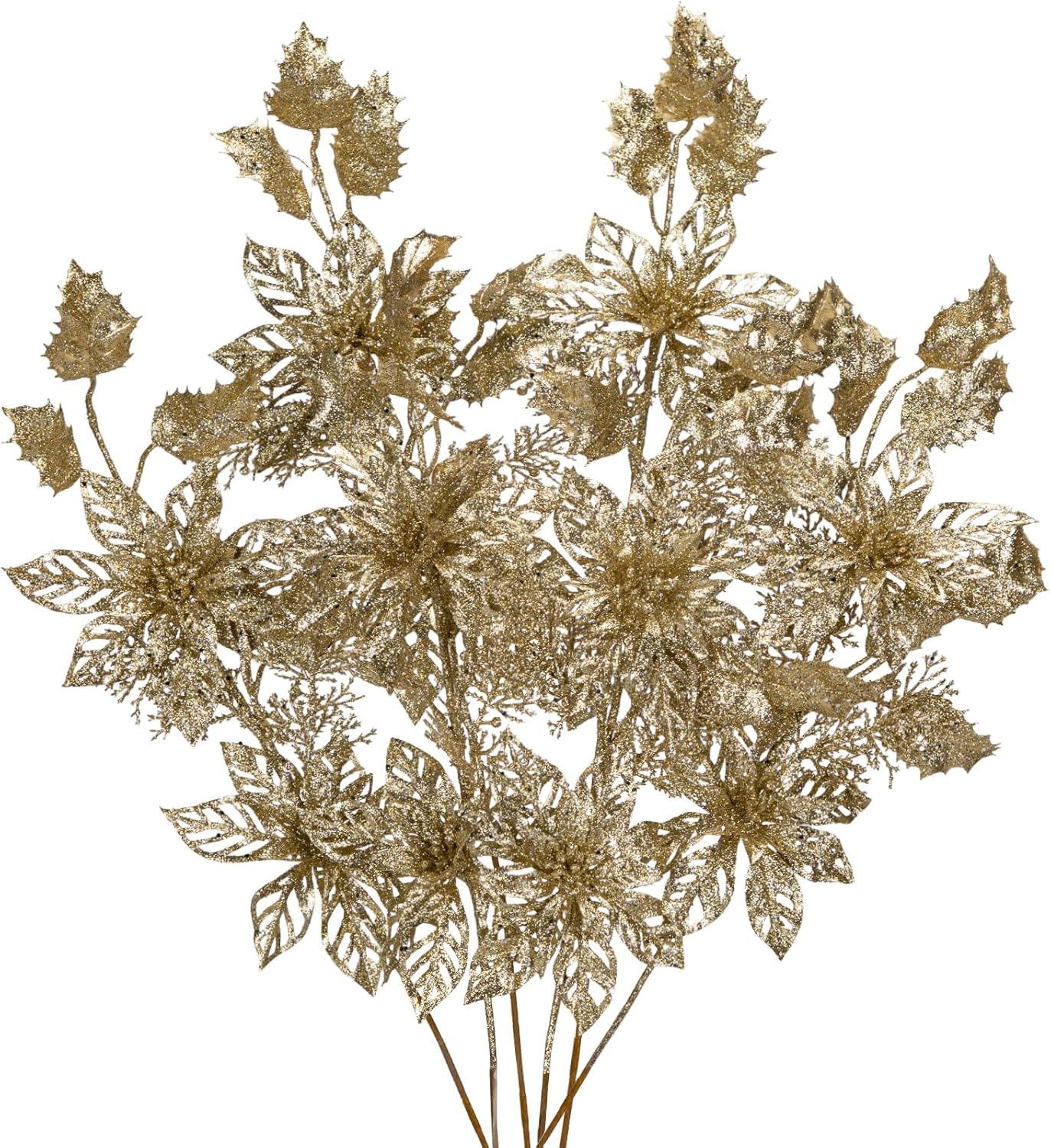 6 Pcs Christmas Tree Picks 25 Inch Glitter Christmas Flowers Poinsettia Glitter Christmas Picks Sprays with Flowers Holly Leaves Pine Needles for Xmas Tree Ornaments Fireplace Wreath - Champagne