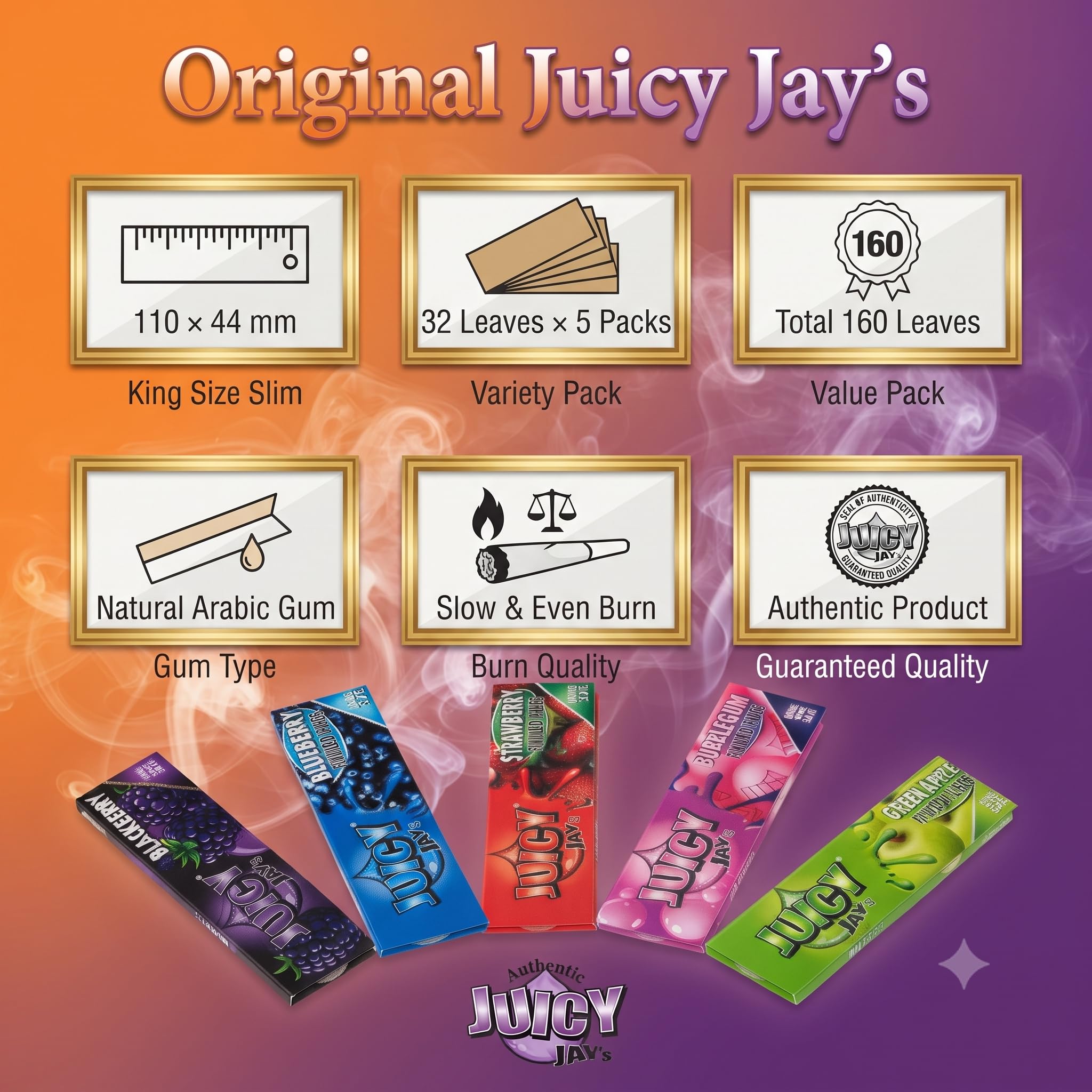 Juicy Jay Flavored Rolling Papers Variety Pack of 5 | King Size Slim Rolling Papers | 32 Leaves Each Pack (160 Leaves Total) | Assorted Premium Flavours | Natural Arabic Gum | Slow Burn Paper 3