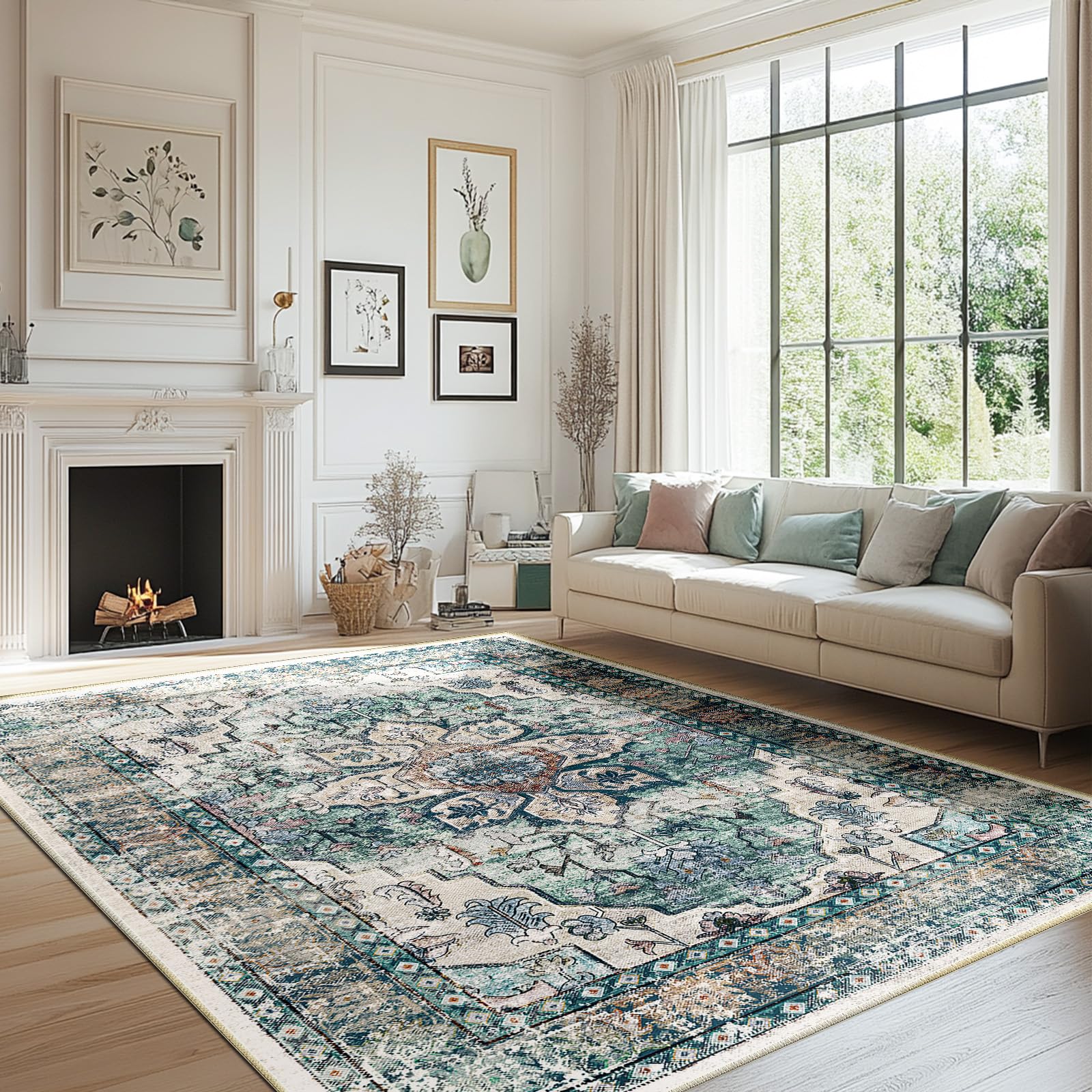BESTSWEETIE 8x10 Area Rug Washable Rugs for Living Room, No Pile Boho Carpet for Entryway Bedroom Dinning Room, Vintage Carpet Print Distressed Non-Slip, 8 x 10 ft, Multi Navy Teal