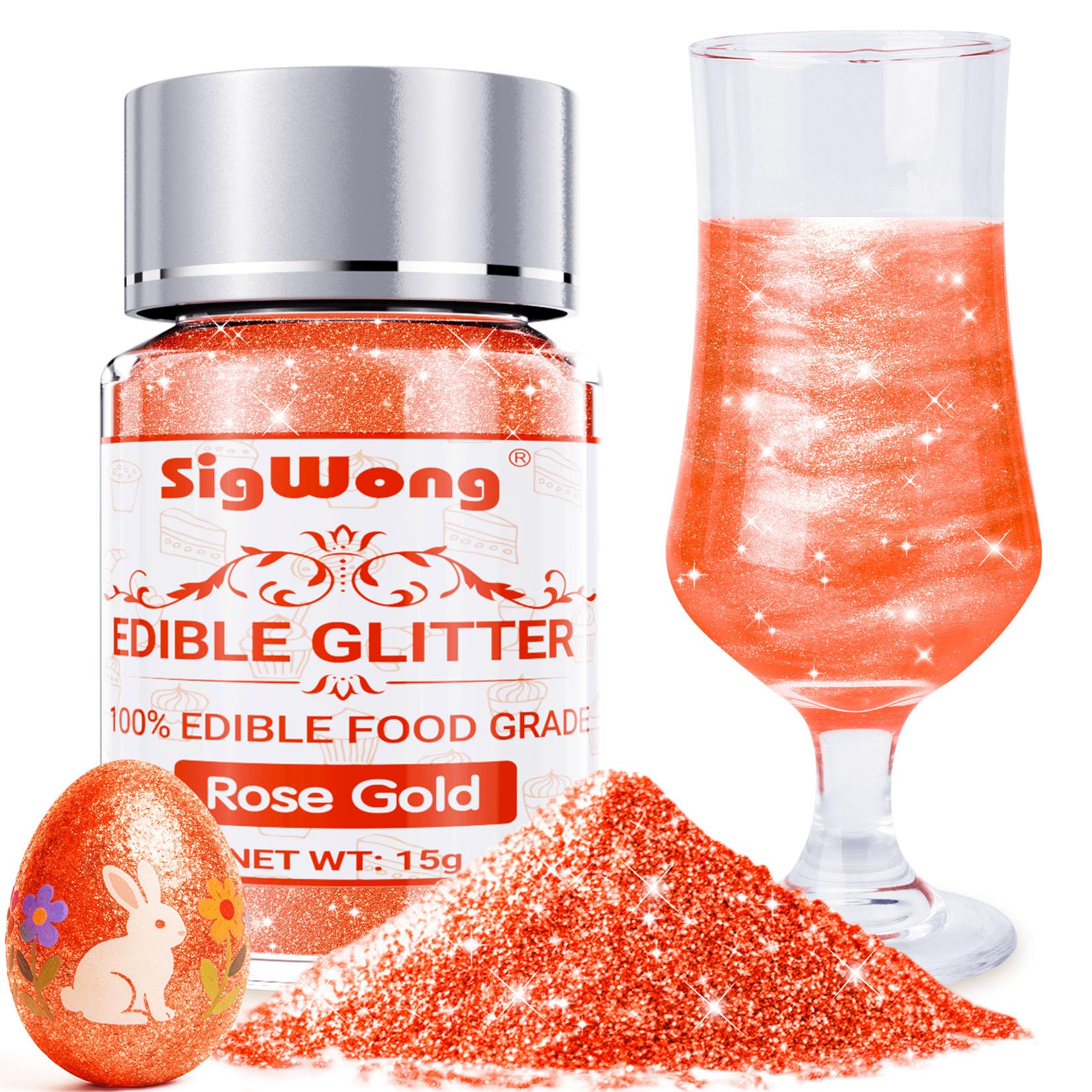 Rose Gold Edible Glitter - 15g Food Grade Luster Dust Powder, Cake Decorating Sprinkle Glimmery Dust for Drinks, Wine, Fondant, Chocolate, Candy, Cookie, Vegan