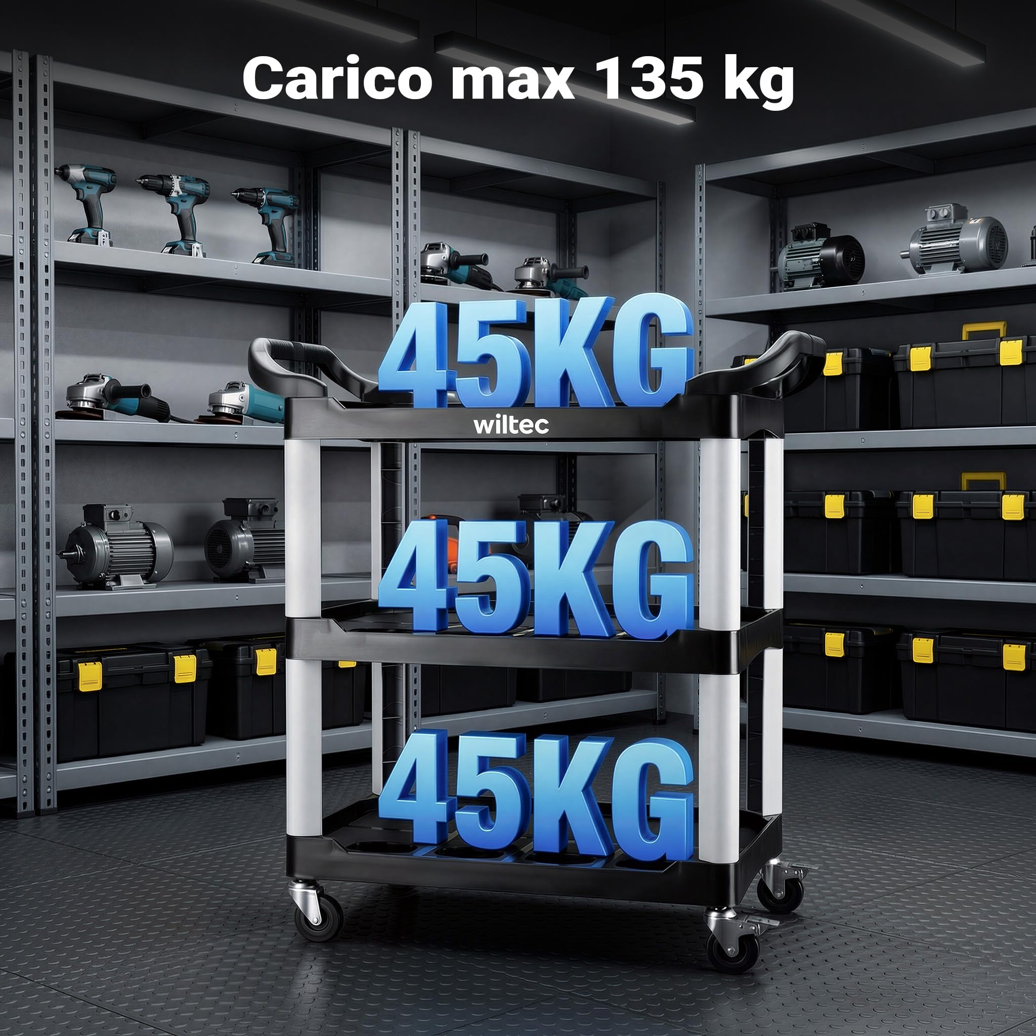 Wiltec Carrello a 3 ripiani tipo 01 con portata di 136 kg, carrello officina 74,5 × 42,5 × 67,5 cm in plastica