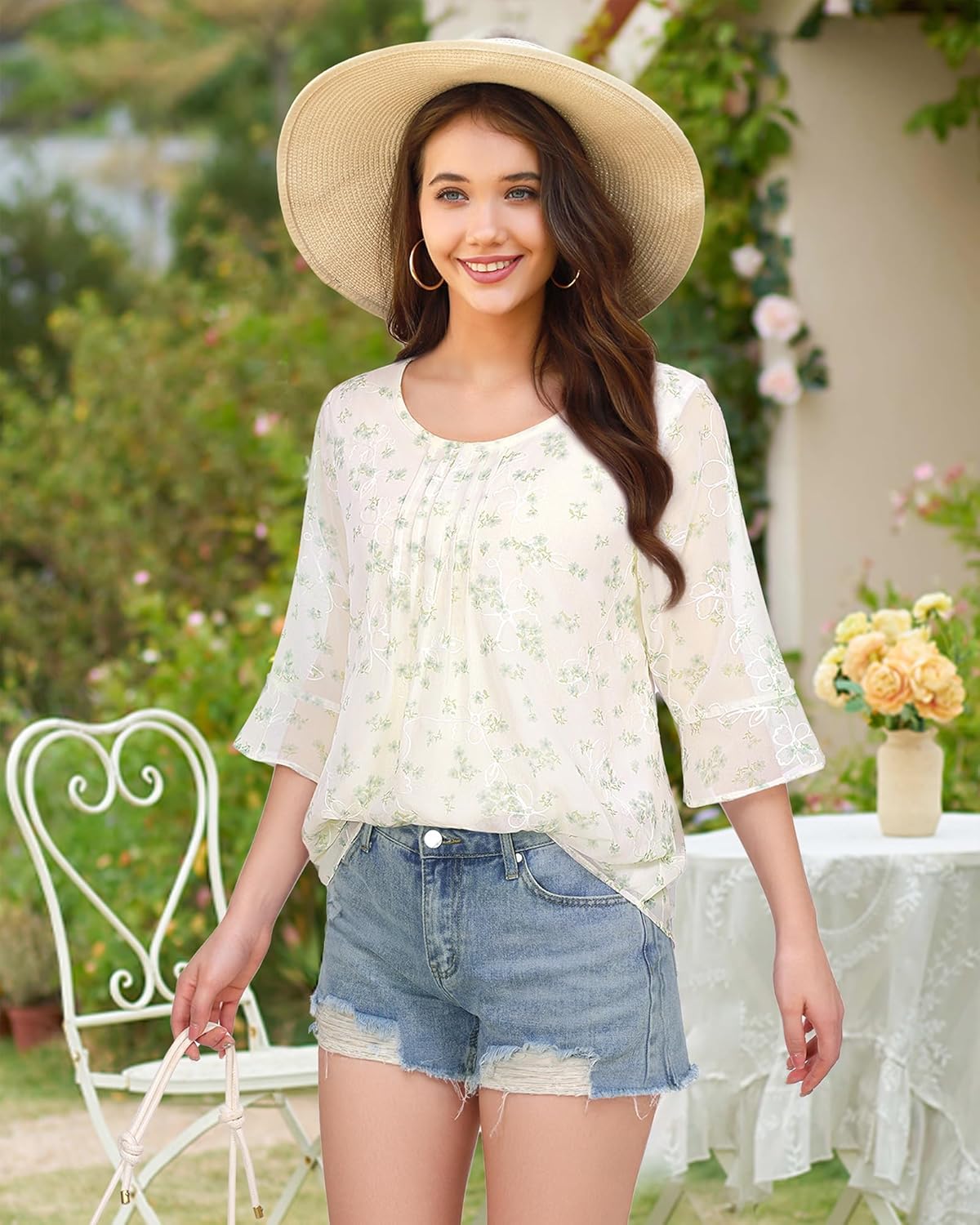 VALOLIA Womens 3/4 Sleeve Blouses Tops Dressy Casual Chiffon Pleated Embroidery Layered Shirts - Image 5