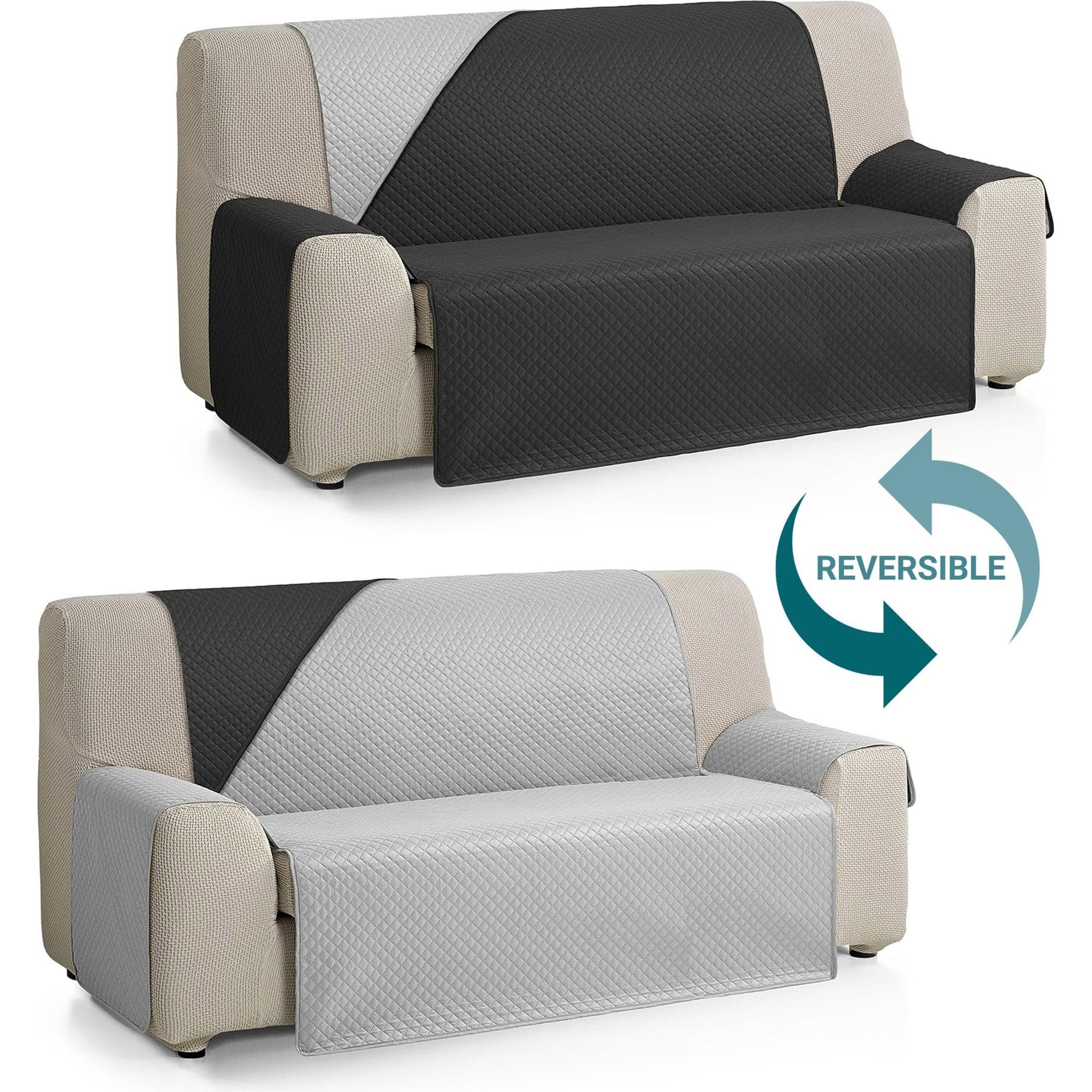 ECOMMERC3 Sofaüberwurf für 3-Sitzer, XL, extra weich, Verstellbarer Sofabezug mit Polsterung, Grau/Schwarz, Reversbile