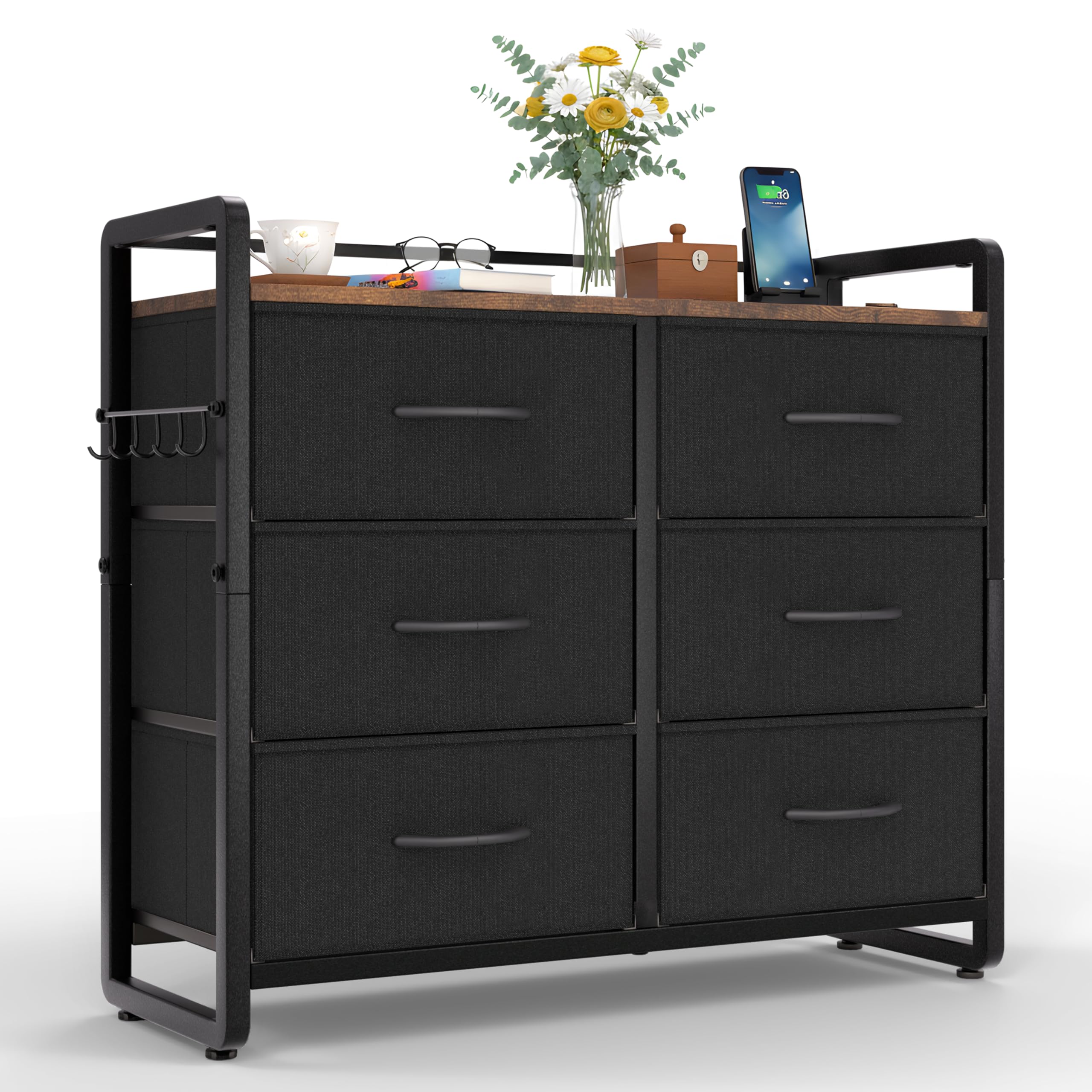 HOKEEPER Kommode, Kommoden mit 6 Schubladen aus Stoff, Schrank für Schlafzimmer, Chest of Drawers Wohnzimmer mit Stabiler Stahlrahmen, Holzplatte, Vintage,braun-Schwarz