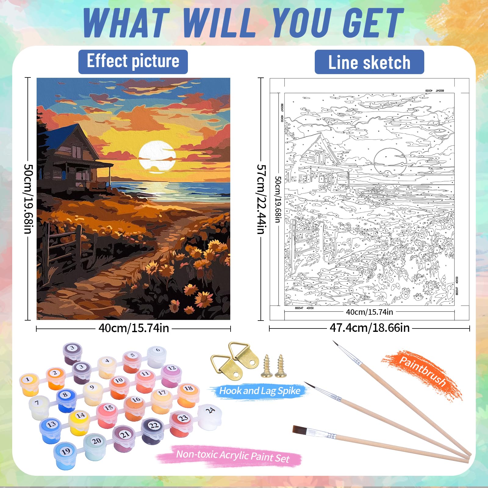 Peinture par numéro pour adultes Kit de peinture acrylique lac DIY pour enfants et adultes débutants - 40,6 x 50,8 cm avec 3 pinceaux et couleurs