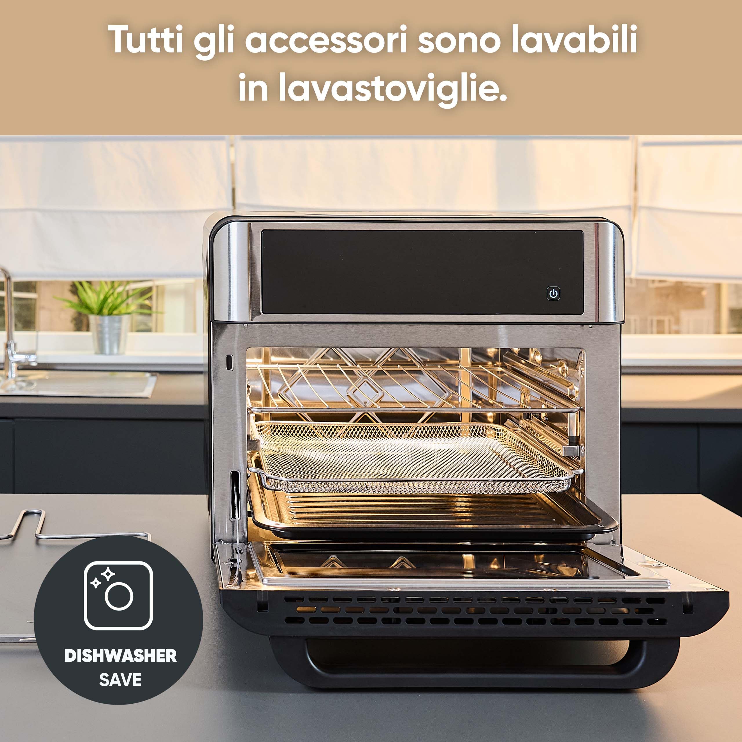 SEVERIN Forno Elettrico e Friggitrice ad Aria, 2200W, 25 Litri, 12 Programmi, Display Touch, No Pre-riscaldamento, Accessori Girarrosto, 41,0 x 45,0 x 37,0 cm, Nero/Inox - TO 9579