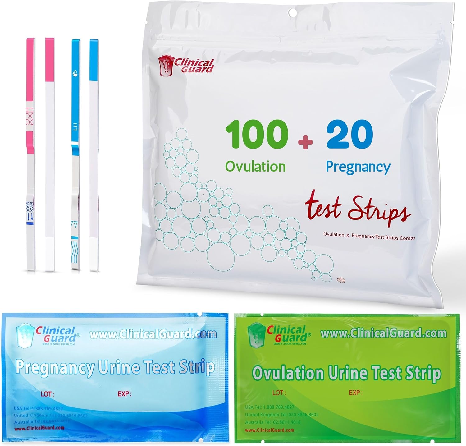 Clinical Guard 100 Ovulation Test Strips and 20 Early Pregnancy Test Strips Combo Rapid HCG Test Fertility Ovulation Predictor Kit (120 Count) - Azure/Sage