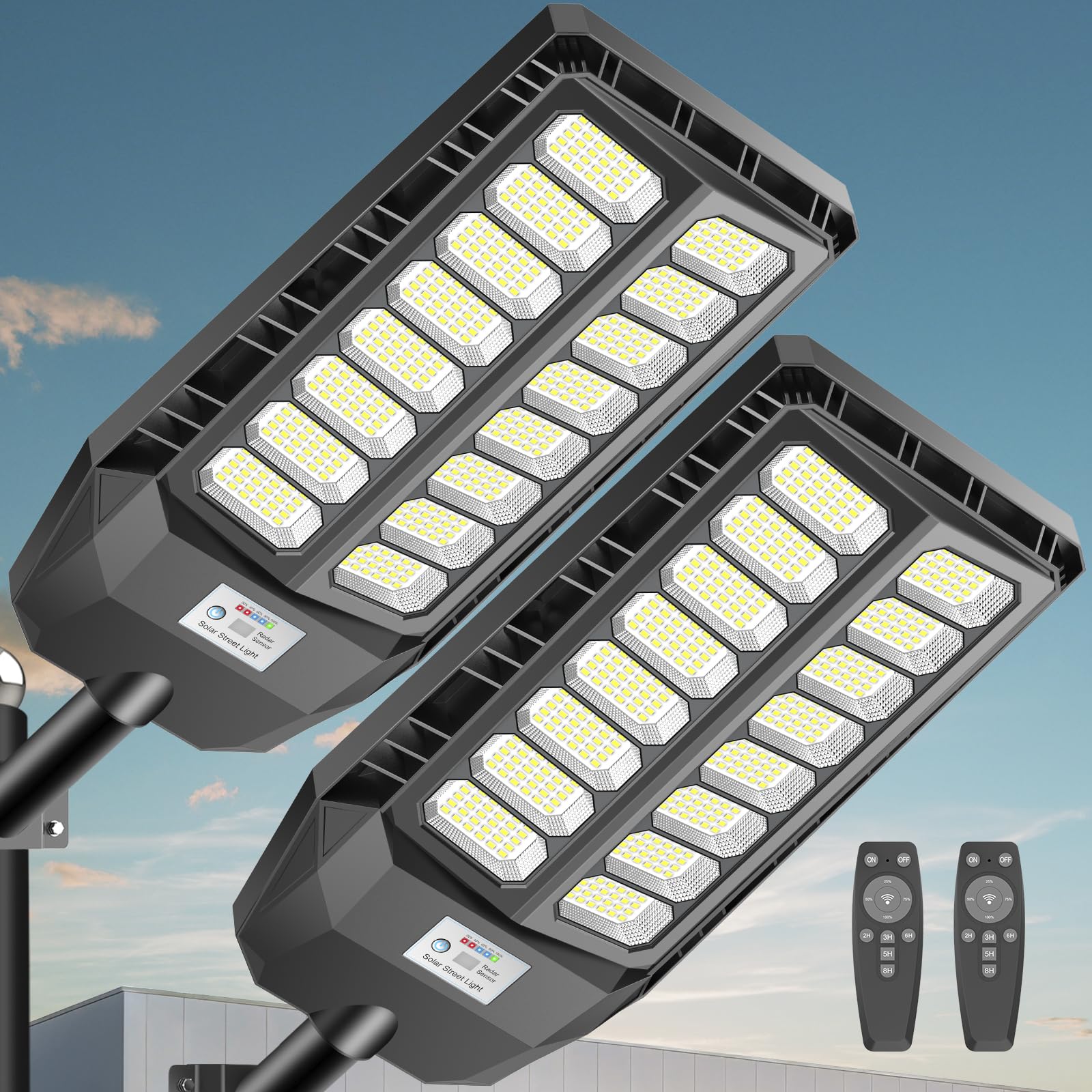8000W Solar Lights Outdoor, Solar Street Lights Outdoor Waterproof with Motion Sensor and Remote Control, 6500K Dusk to Dawn Security Flood Lights for Outside, Yard, Parking Lot, Garden, 2 Pack