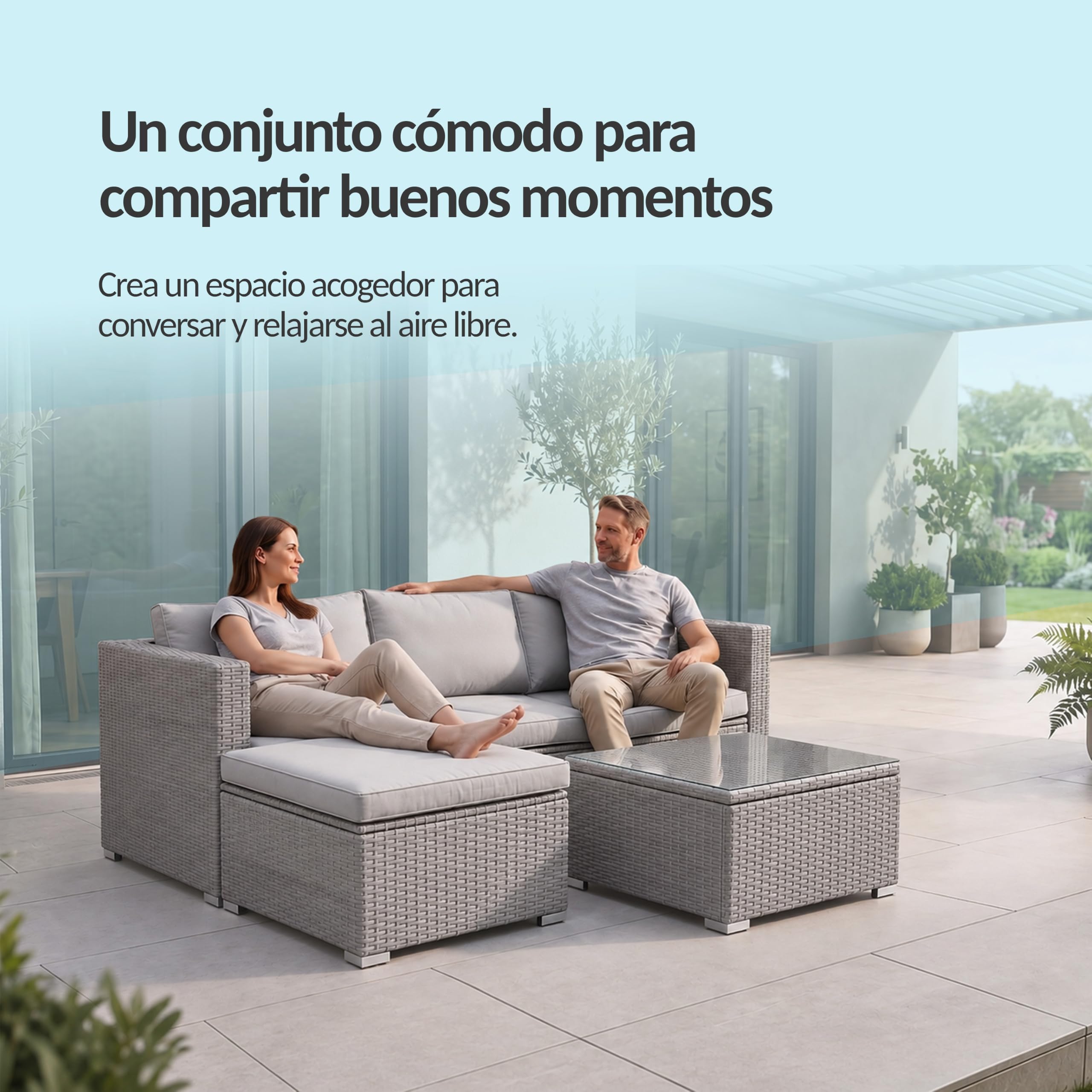 POKAR Rinconera Jardín Ratán Gris con Cojines Asiento y Respaldo Salvia