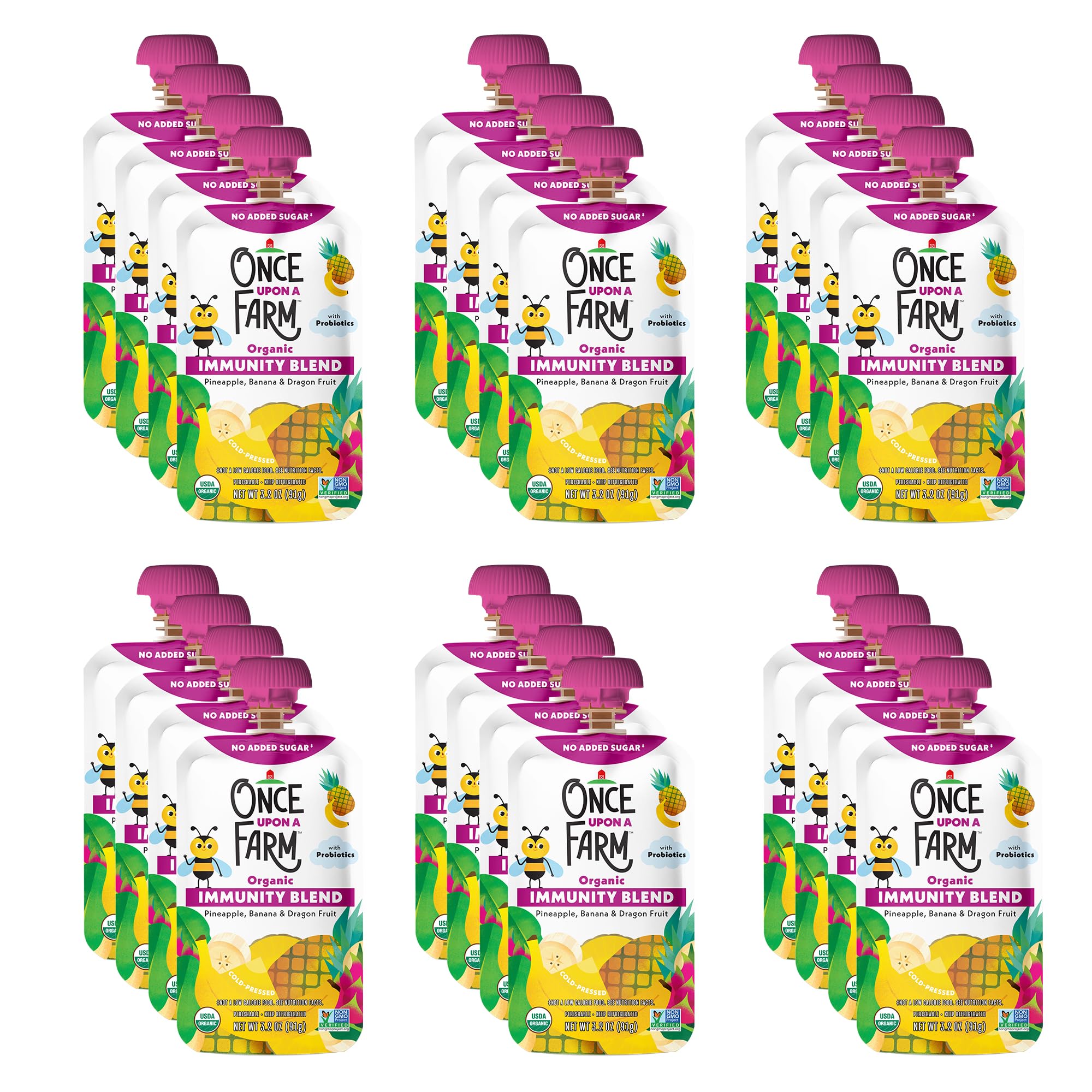 Once Upon a Farm, Immunity Blend: Pineapple, Banana & Dragon Fruit, Refrigerated Pouches, USDA Certified Organic, Non-GMO, Cold-Pressure Protected, No Sugar Added, Pack of 24