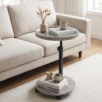 YYW C Table End Table Adjustable Height, Couch Tables that Slide Under for Small Spaces, 360°Swivel TV Tray Table, C Shaped Side Tables Living Room and Bedroom for Sofa, Bed, Chair, Snack (Wood Gray)