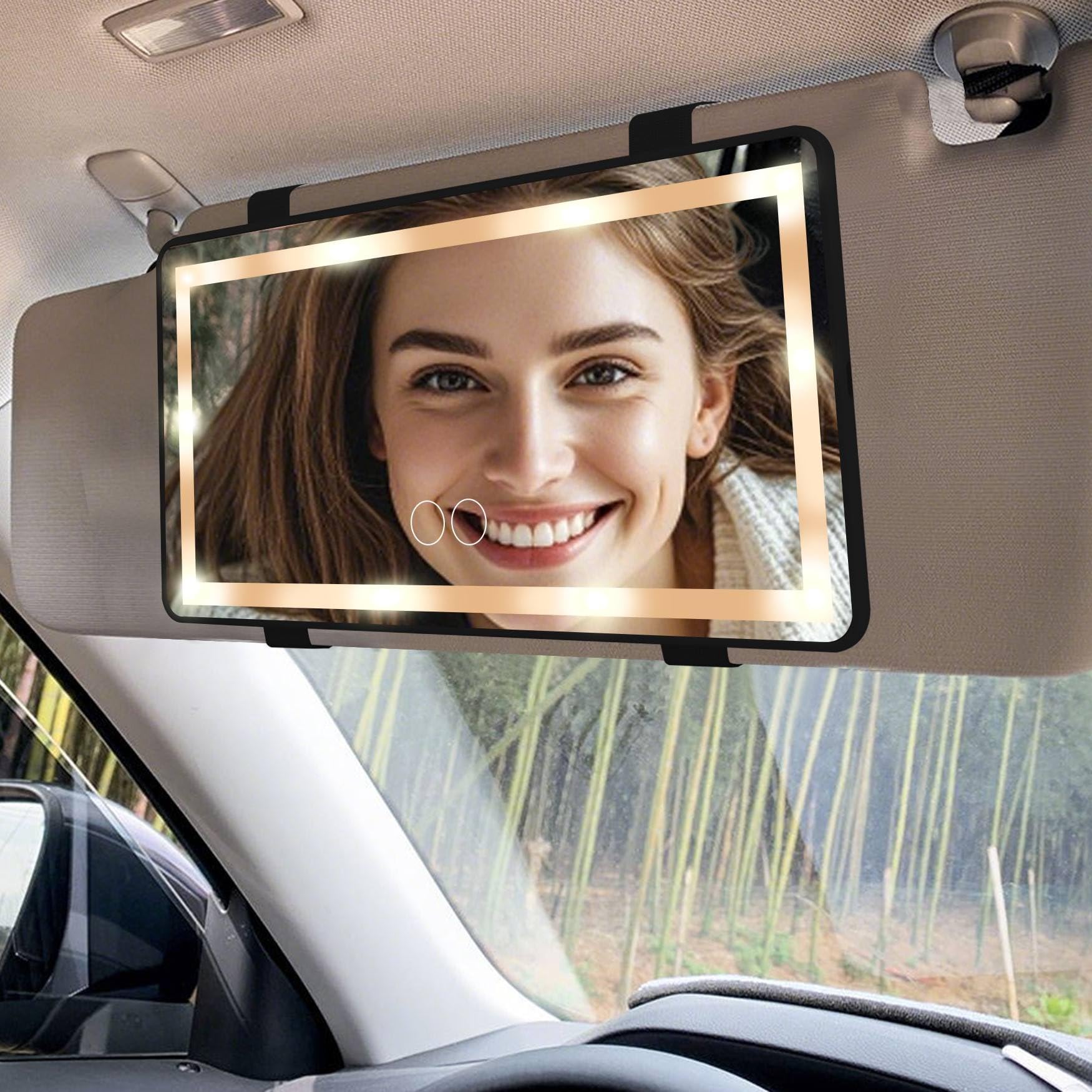 Car Visor Mirror with LED Light, Rechargeable Car Mirror Light, Car Visor Vanity Mirror with 3 Light Modes, Innovative Car Mirror Accessories, Makeup Mirror with Light for All Car, Black