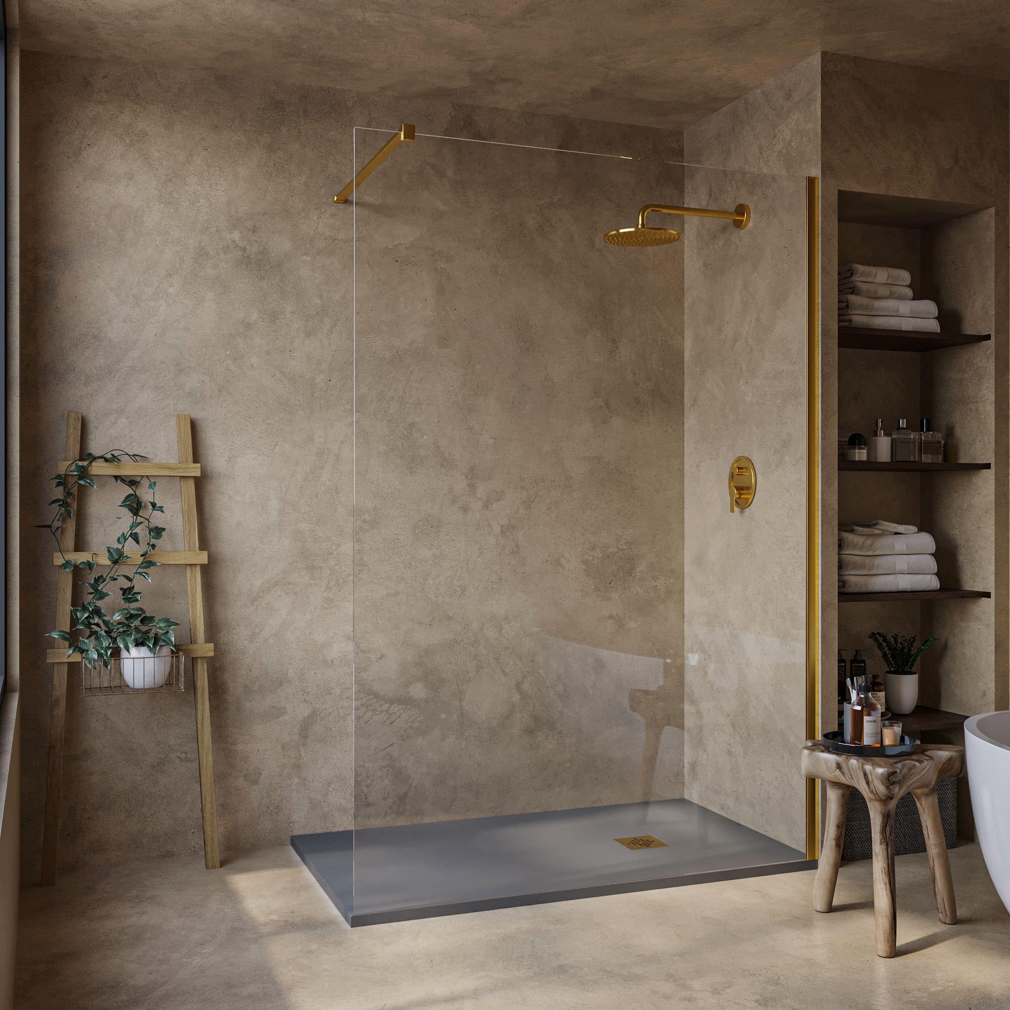 SoulHome Plato de Ducha Resina 210x90 Cemento - Rejilla Dorada | Antideslizante C3, Extraplano, Resina y carga mineral, Textura Liso Piedra, Antibacteriano, Gel-coat, Incluye válvula desagüe