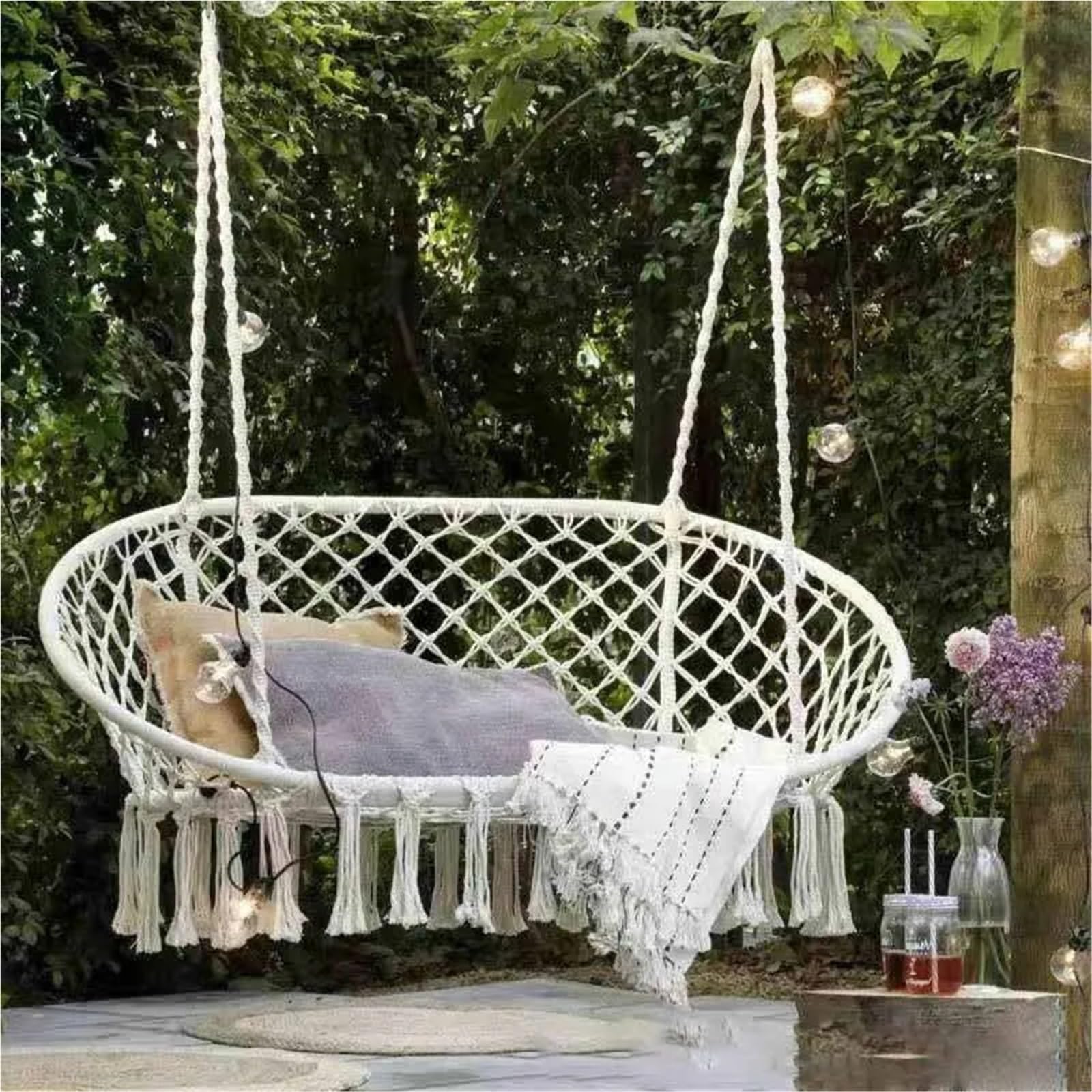Altalena da esterno Sedia a dondolo doppia in macramè, con corde di cotone appese, struttura in metallo, capacità 450 libbre, for interni ed esterni, patio(White with accessory)