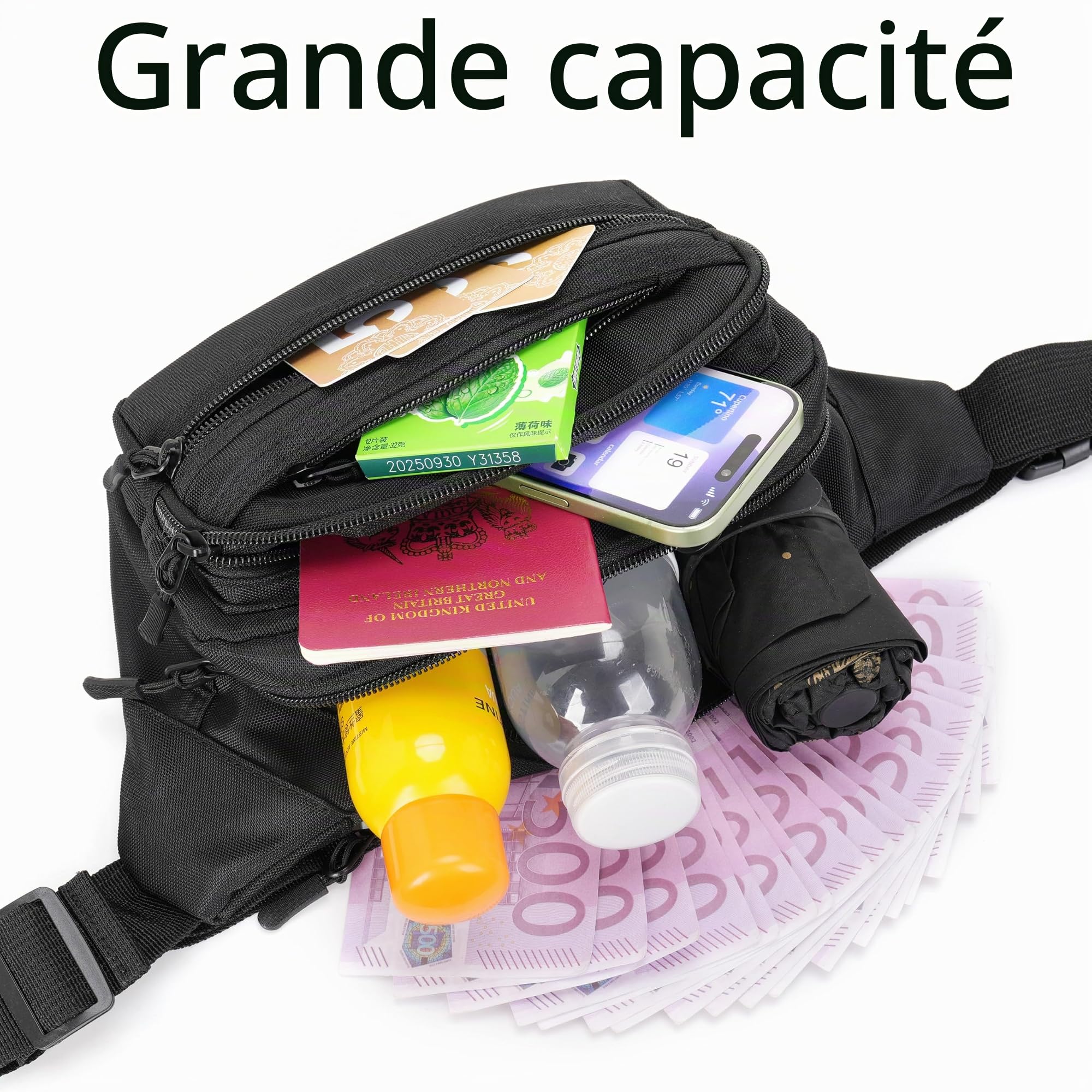 Sac Banane Taille Homme Femme Ville Sacs Banane Unisexe avec Ceinture allongée de 30 cm et Poches à 6 Fermetures à glissière Ceinture réglable pour la randonnée d'entraînement en Plein air