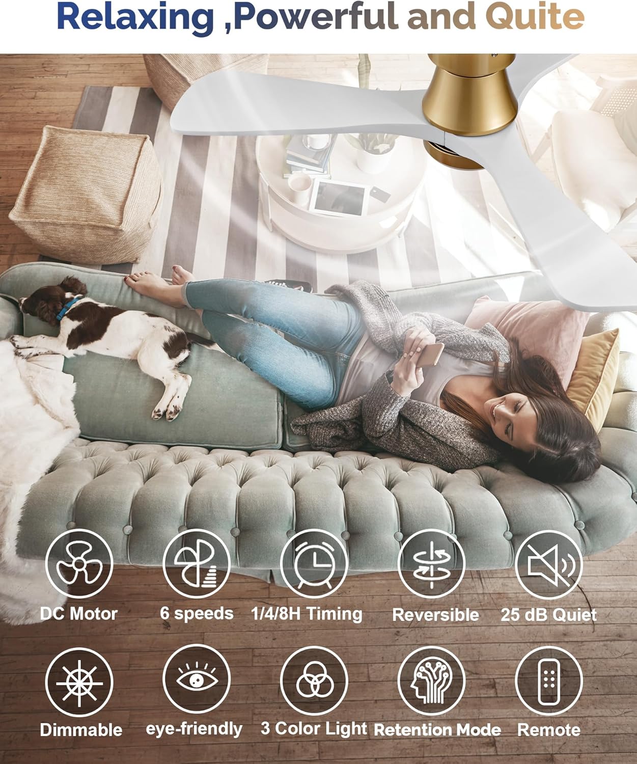 42 Inch Gold Ceiling Fan with Lights, Remote Control, Flush Mount, Dimmable, Reversible, Wood Blades, Power-Off Memory, Quiet DC Motor, Modern Hugger Ceiling Fan for Indoor Outdoor