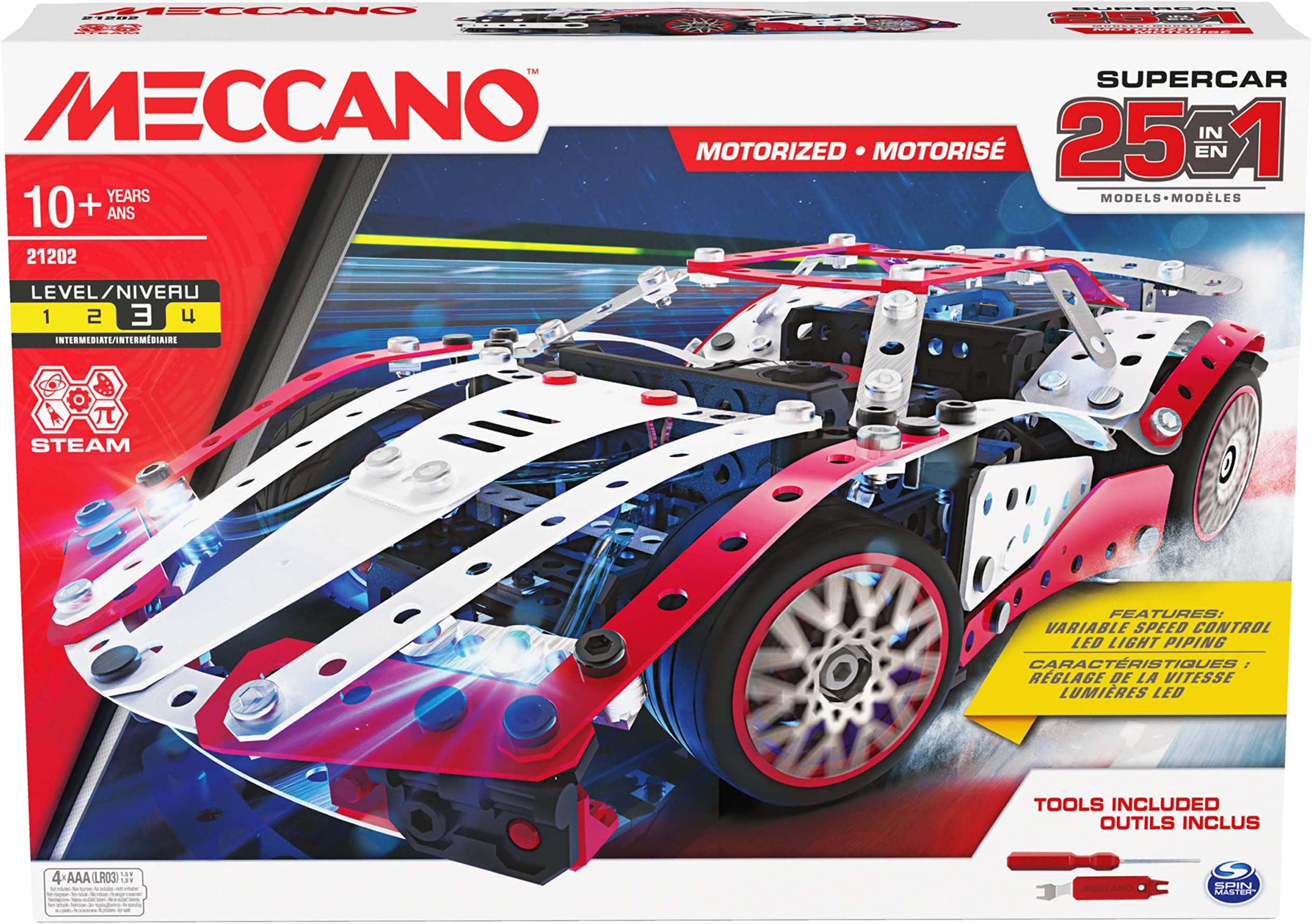 Meccano 25-in-1 Motorized Supercar STEM Model Building Kit with 347 Parts, Real Tools and Working Lights, Kids Toys for Ages 10 and Up