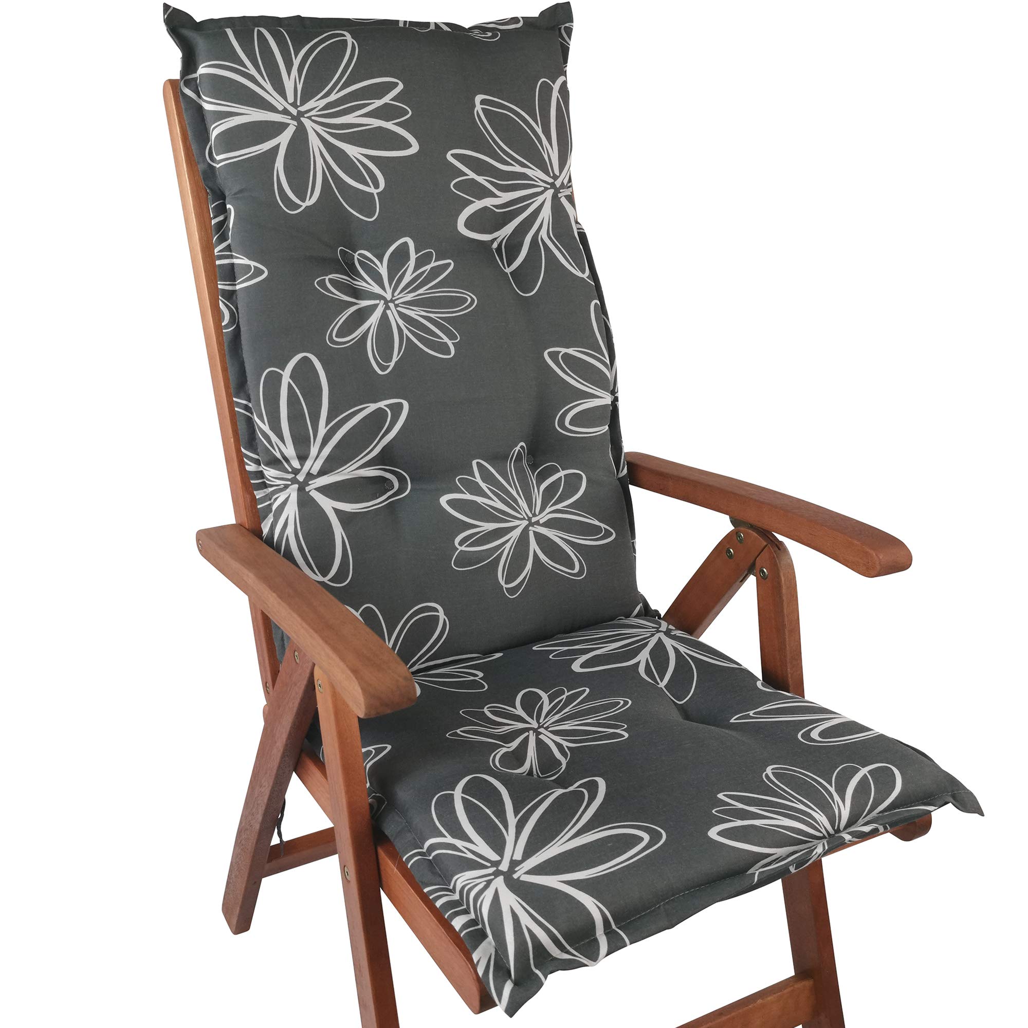 DILUMA Hochlehner Auflage Naxos für Gartenstühle 4er Set 118x49 cm Blume Schwarz - 6 cm Starke Premium Stuhlauflage mit Komfortschaumkern - Sitzauflage Made in EU