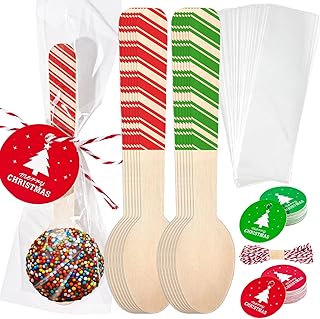 Whaline 100 Pcs Christmas Wooden Spoon Disposable Tasting Spoon Red Green Xmas Striped Sample Spoons with Tags Bags Rope for Holiday Hot Chocolate Cake Coffee Ice Cream