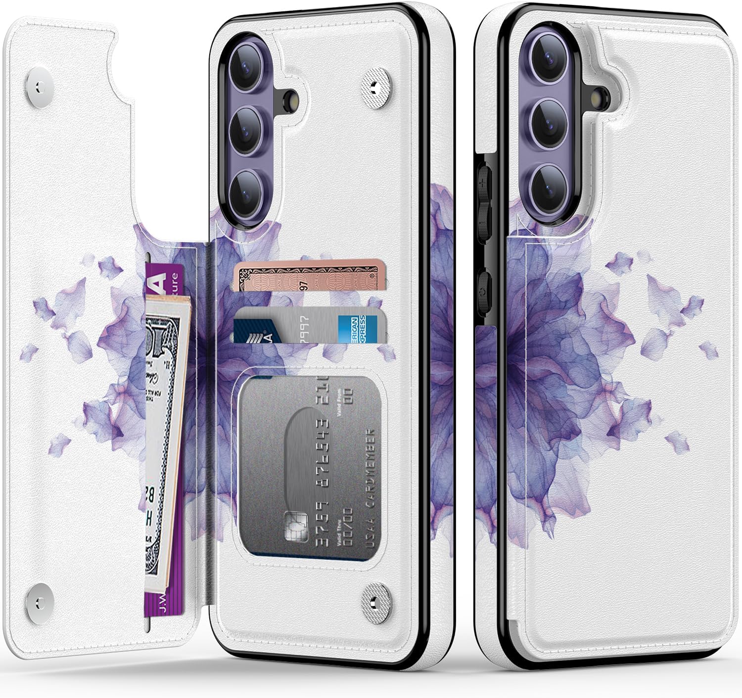 LETO for Samsung Galaxy S25 Plus Wallet Case – Flip Folio Leather Kickstand – Fashionable Flower Designs – Credit Card Holder – Protective Phone Cover for Women and Girls 6.7″ – Blooming Purple Flower