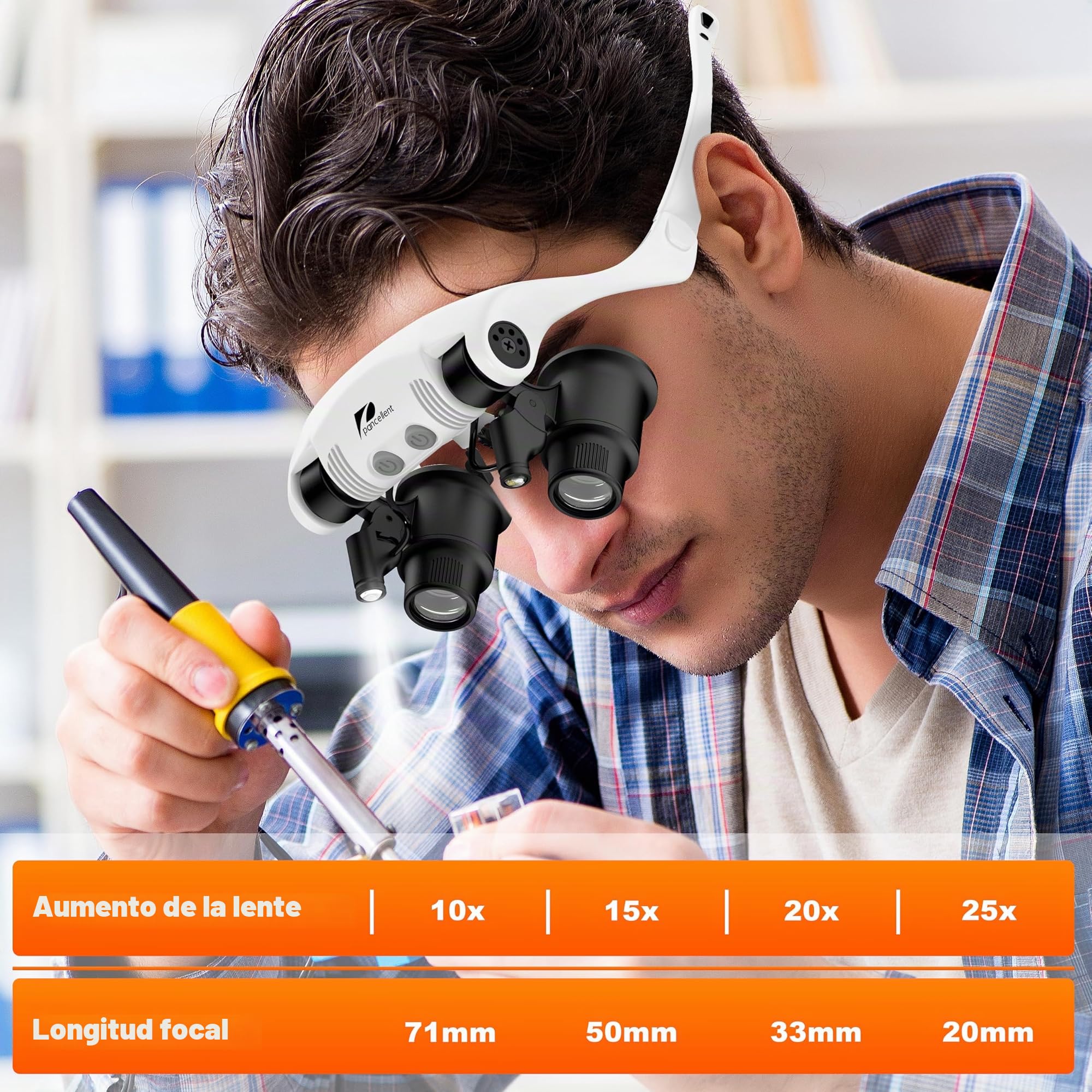 Pancellent Lupa de reparación de relojes, lupa de montaje en cabeza, 4 lentes desmontables, 2 luces LED, gafas de lectura manos libres para leer, lupa de joyería, reparación electrónica (10X, 15X, 20X