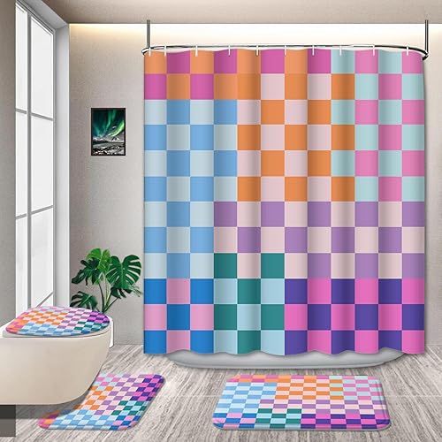 Miniatura 18 de Juego de 4 alfombras de baño y cortina de ducha para niños, bonito diseño de gato, 72 x 72 pulgadas con 12 ganchos, tapete de baño antideslizante