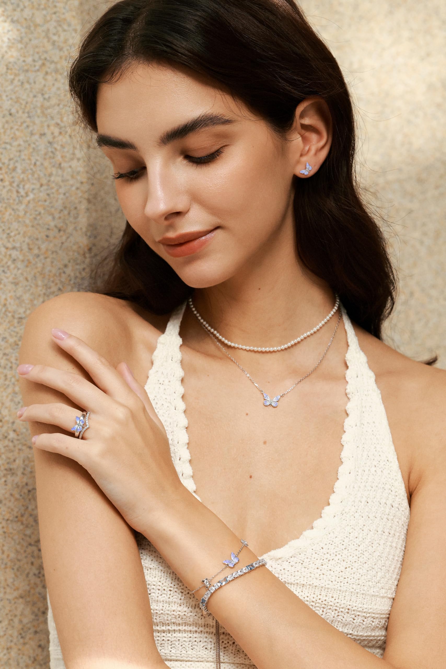 FANCIME Sternenlicht Schmetterling Armbänder Damen mit leuchtendem Emaille | 925 Sterling Silber Kette Weißvergoldetem Armband Jahrestag Geburtstag Valentinstag Schmuck Geschenk für Damen Frau Mama