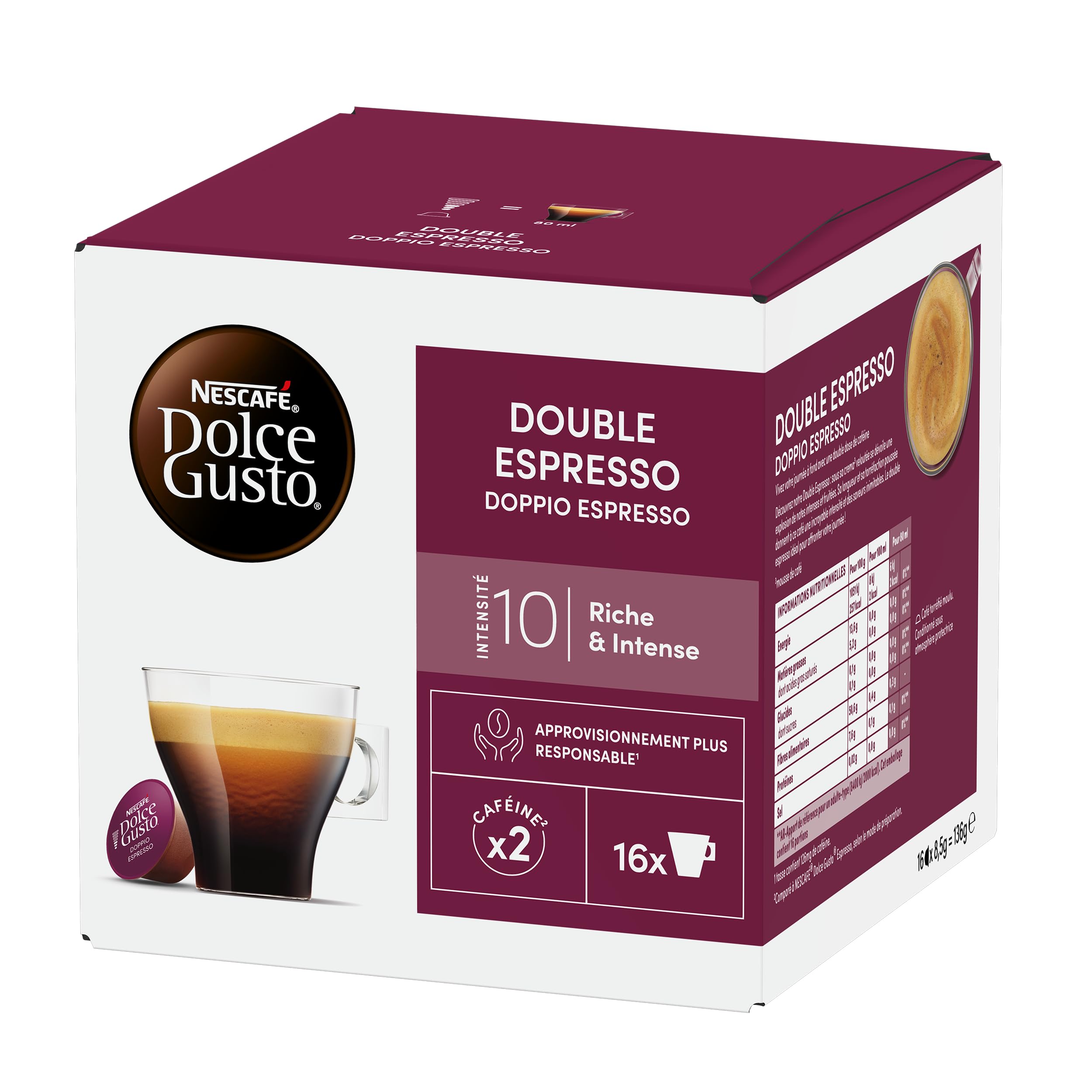 Nescafé Dolce Gusto Double Espresso – Café – 96 cápsulas (juego de 6 cajas). | Café Cápsulas, compatible con todas las máquinas de café DG sin NEO, espresso largo con notas afrutadas