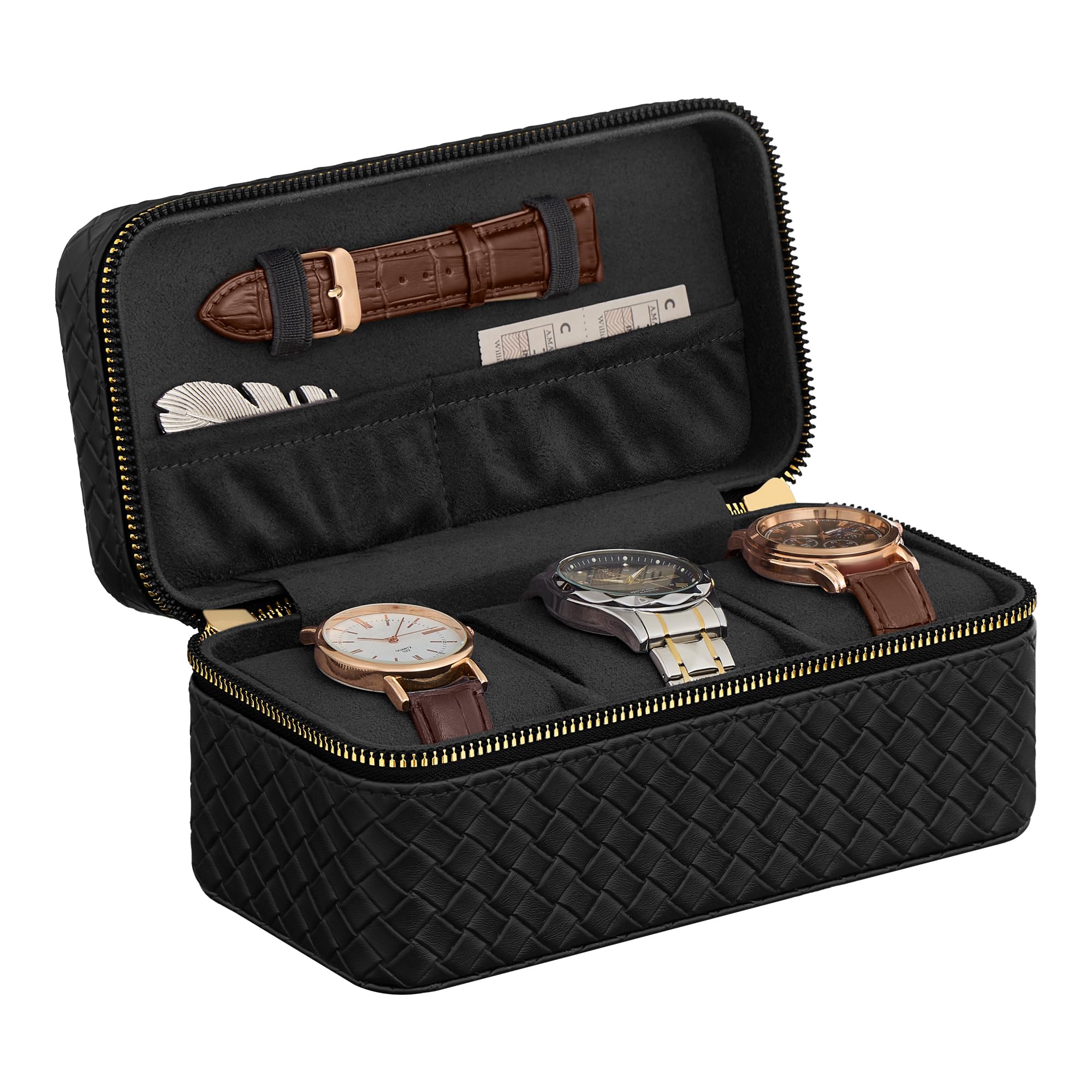 SONGMICS HOME RONNE Collection - 3-Slot Mens Jewelry Box, Watch Travel Case, PU Leather Watch Box, 3.9 x 7.9 x 3.5 Inches, Gift Idea, Ink Black Surface, Gift for Father, Ink Black Lining UJWB017B01